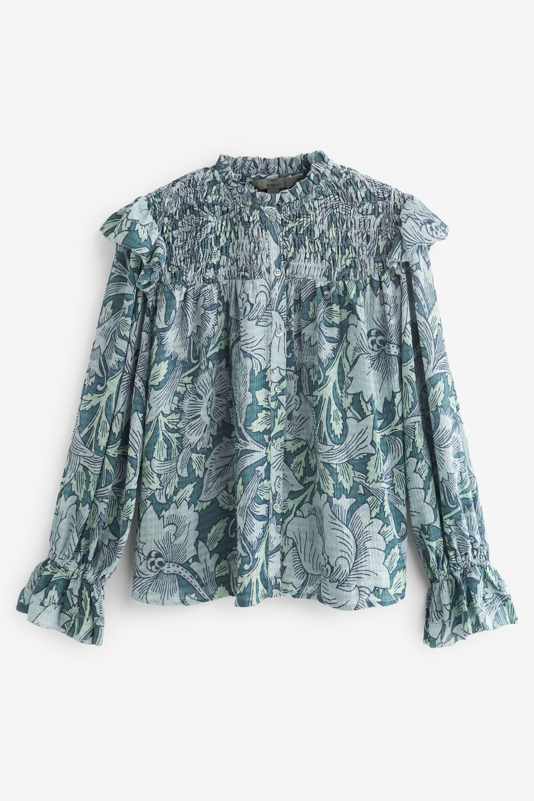 Next Langarmbluse Geraffte, gesmokte Bluse mit langen Ärmeln (1-tlg) Morris & Co. Poppy Blue Floral Print