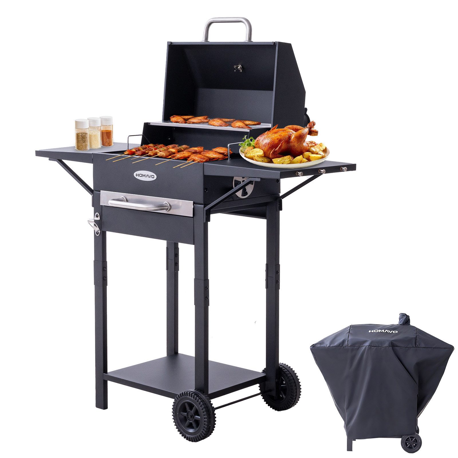 HOMAVO Holzkohlegrill mit Deckel, 2 Seitentische, Grillfläche: 45×32cm, höhenverstellbarer Grillrost mit 2 Stufen, optional mit Abdeckung