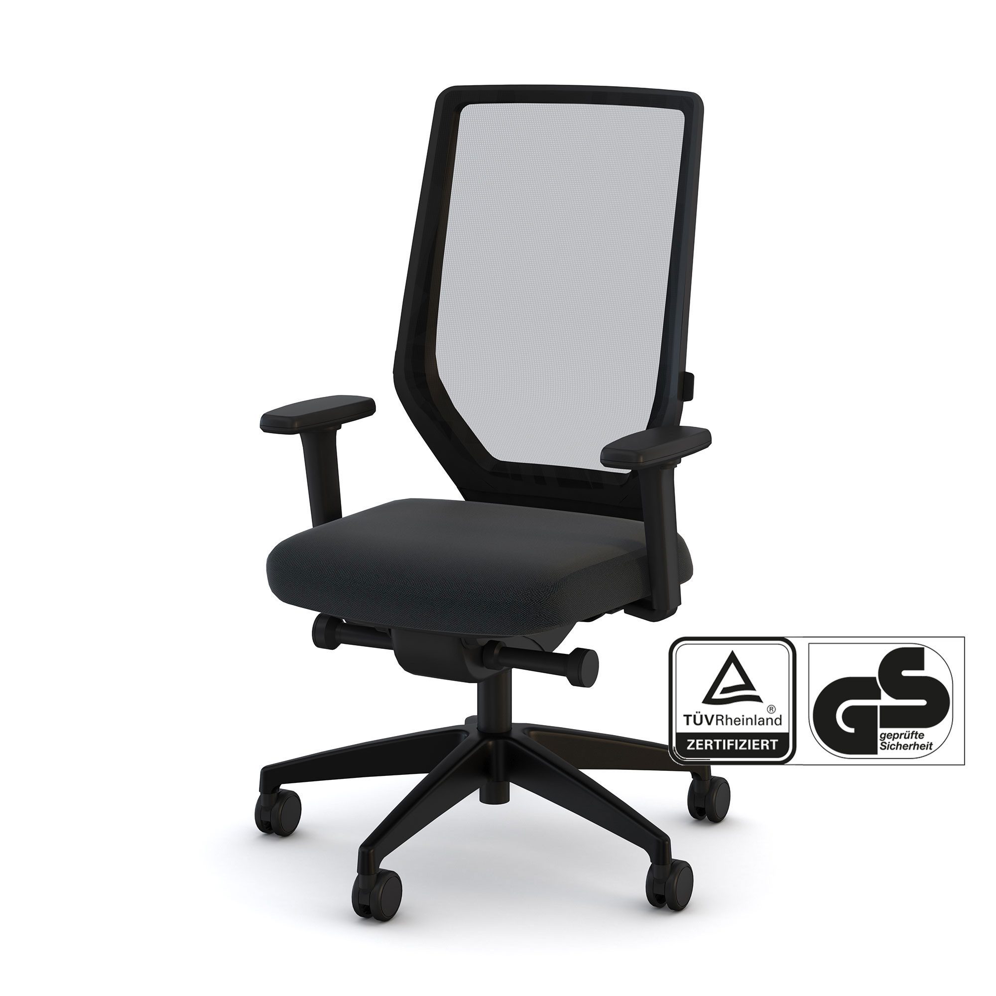 ASSMANN Büromöbel Bürostuhl Streamo (4D Armlehne: Breiten-, höhen-, tiefenverstellbar und vertikal drehbar mit weicher PU-Auflage Synchronmechanik schwarz 5-strahliges Fußkreuz, Kunststoff schwarz Rückenlehnenarretierung in 4 Positionen, Netzrücken für Luftzirkulation Gewichtsregulierung in 6 Stufen manuell einstellbar, Ergonomisch gepolstert stufenlos verstellbar: 400 - 515 mm, fertig montiert, für Büro und Homeoffice), TÜV-zertifiziert