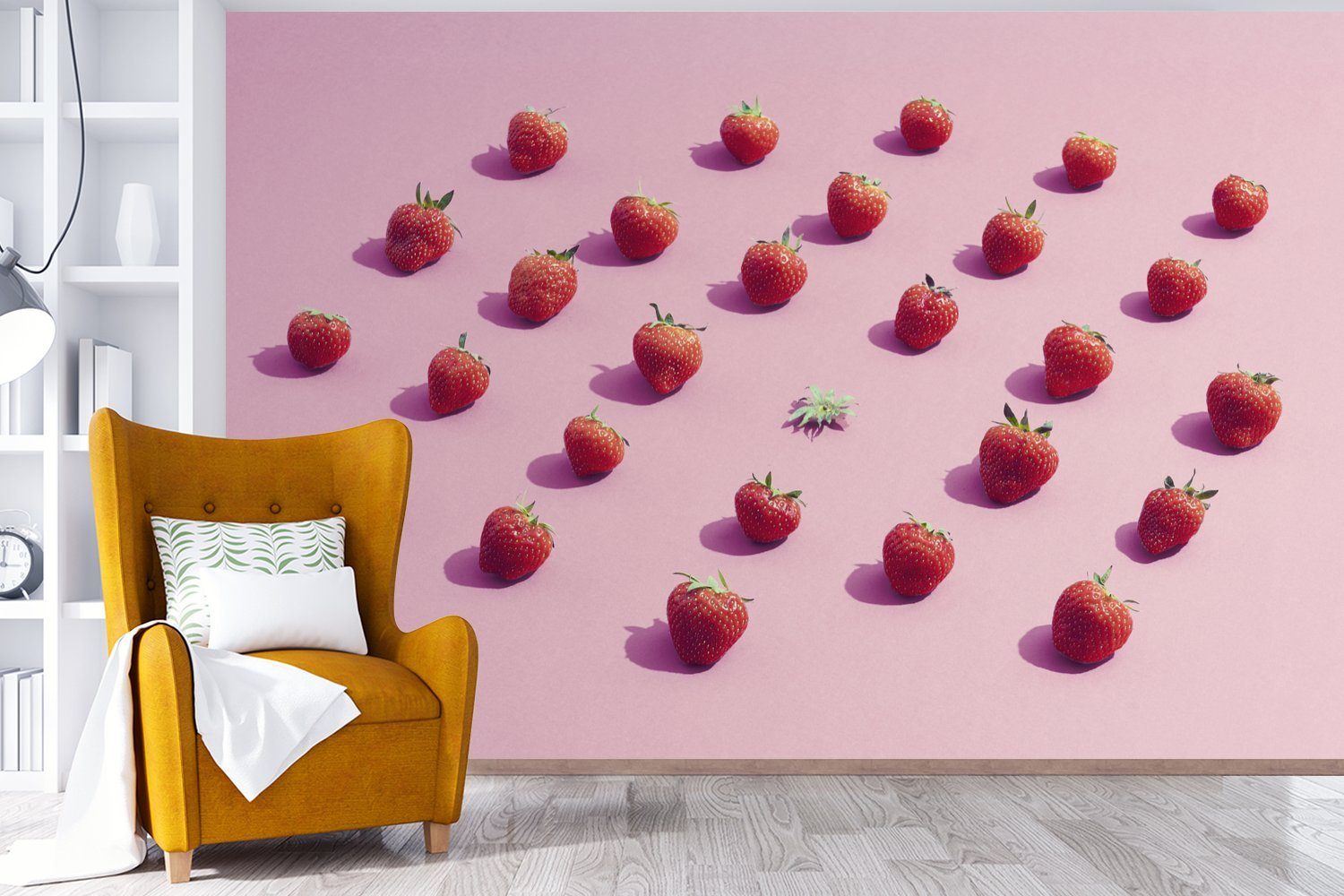 Wohnzimmer, St), (6 für Matt, - Rosa Obst, bedruckt, Fototapete - Wallpaper Vinyl Kinderzimmer, Schlafzimmer, MuchoWow Erdbeere Tapete