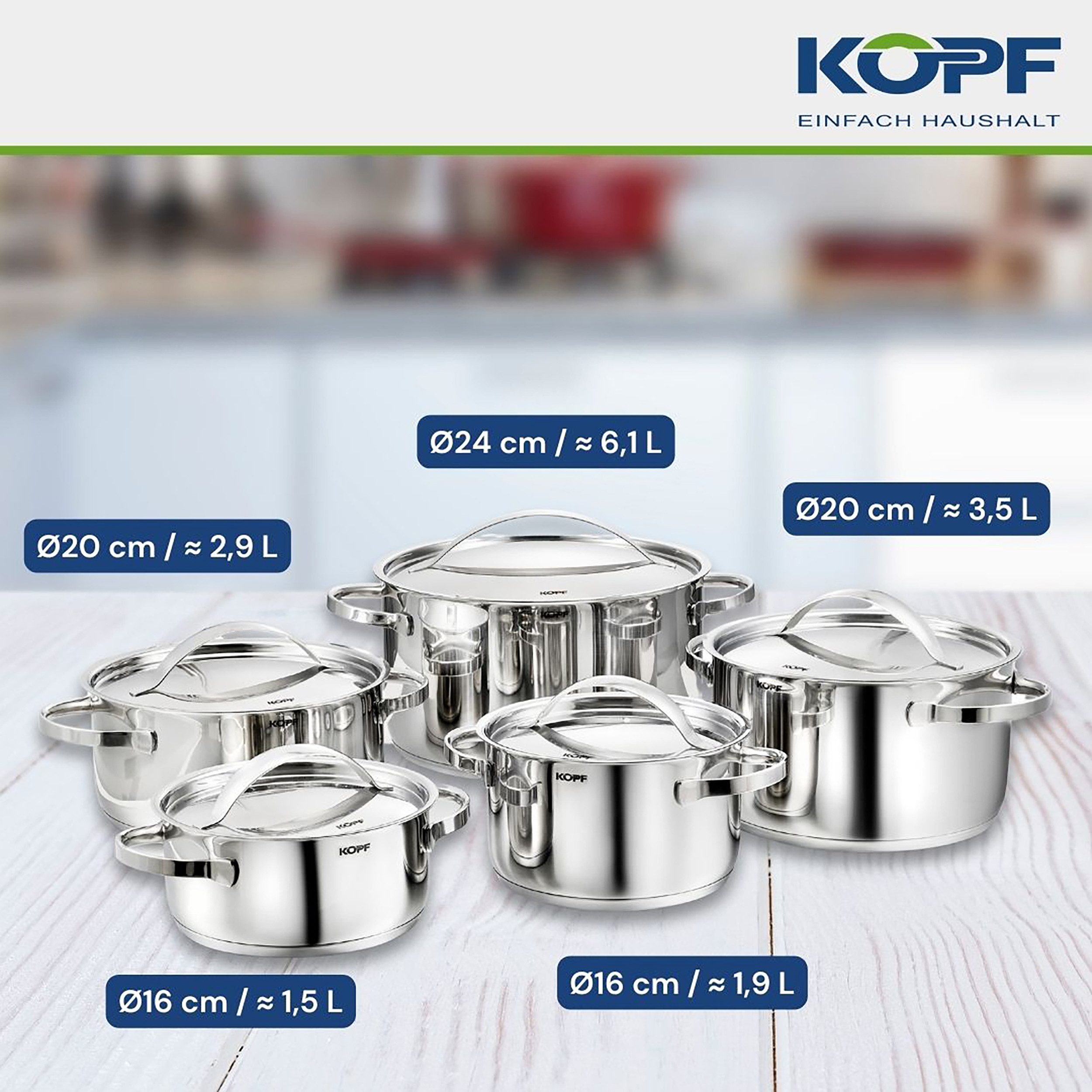 Kopf Topf-Set Kochtopfset Stilo, Edelstahl (5-tlg), inkl. 5 Edelstahldeckel, Induktion