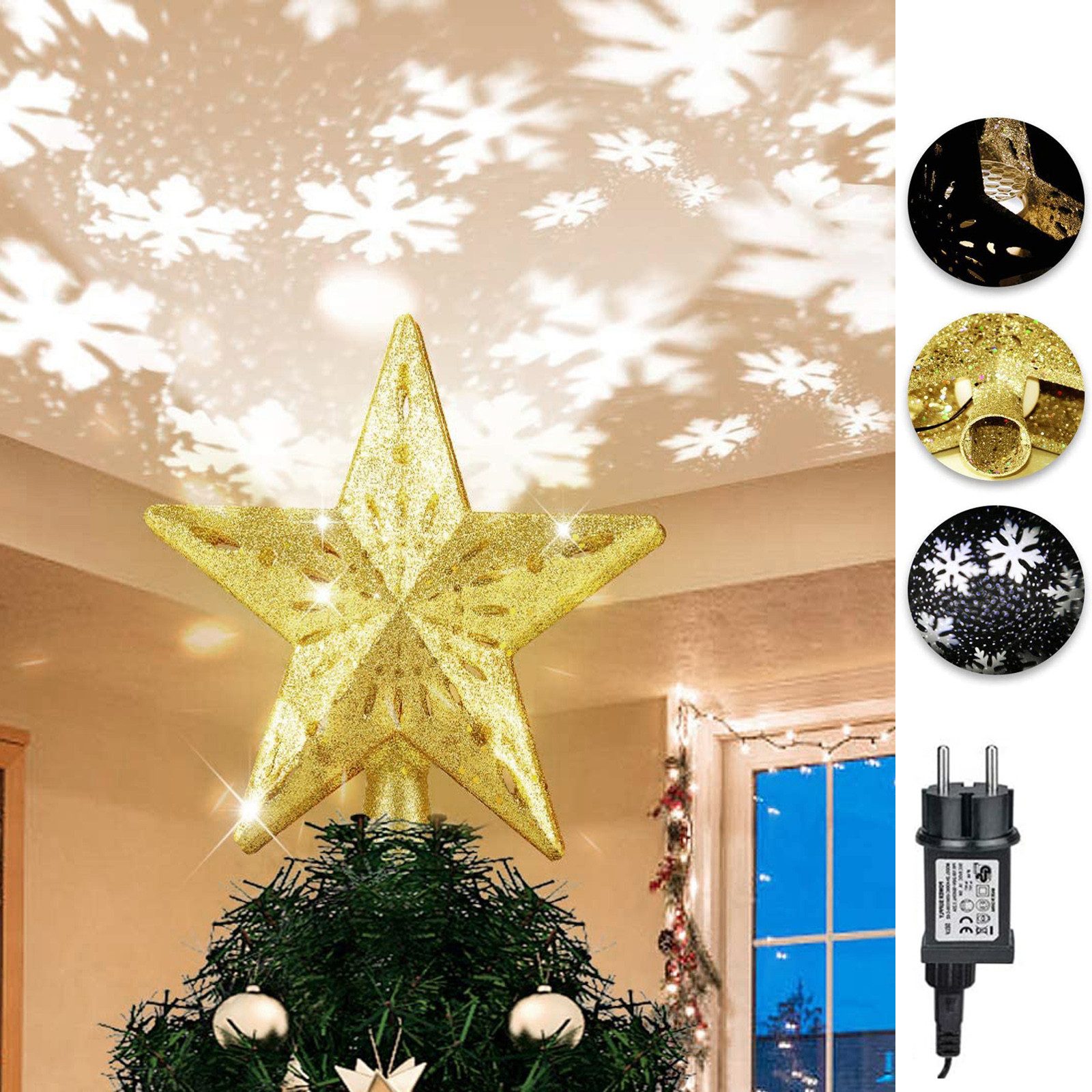 Jibenhome Christbaumspitze Schneeflockenprojektor Stern Baumspitze Christbaumspitze, Stecker, Schneeflocken-Projektionslampe für Tannenbaum Weihnachtsbaumschmuck