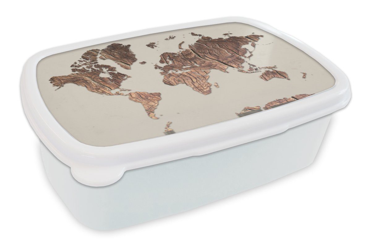 MuchoWow Lunchbox Weltkarte - Holztafel - Braun, Kunststoff, (2-tlg), Brotbox für Kinder und Erwachsene, Brotdose, für Jungs und Mädchen weiß