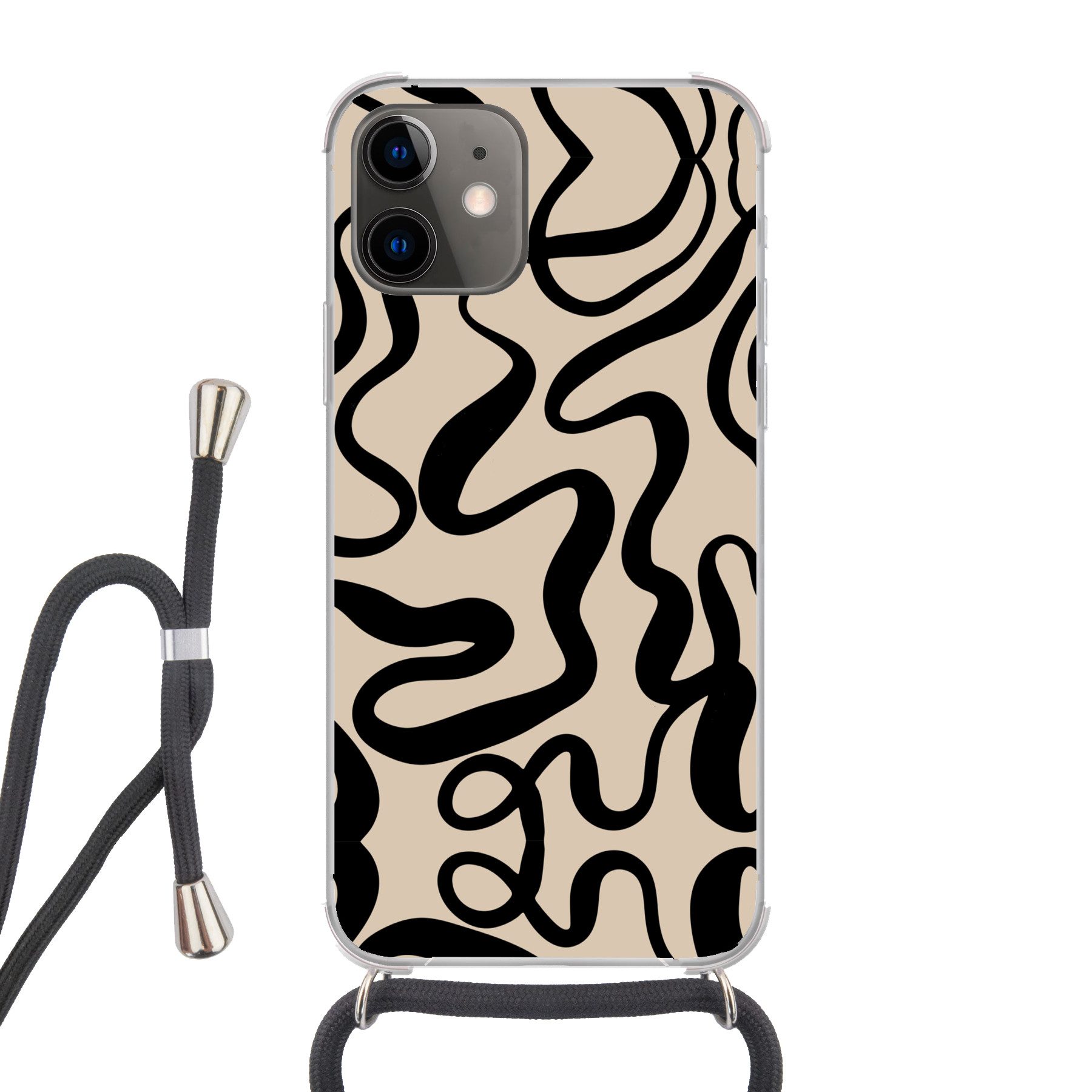 MuchoWow Handyhülle für Apple iPhone 12 Linien - Schwarz - Beige - Abstrakt - Minimalistis, Tragbare Handyhüllen mit Kette zum umhängen, Handykette Handyband