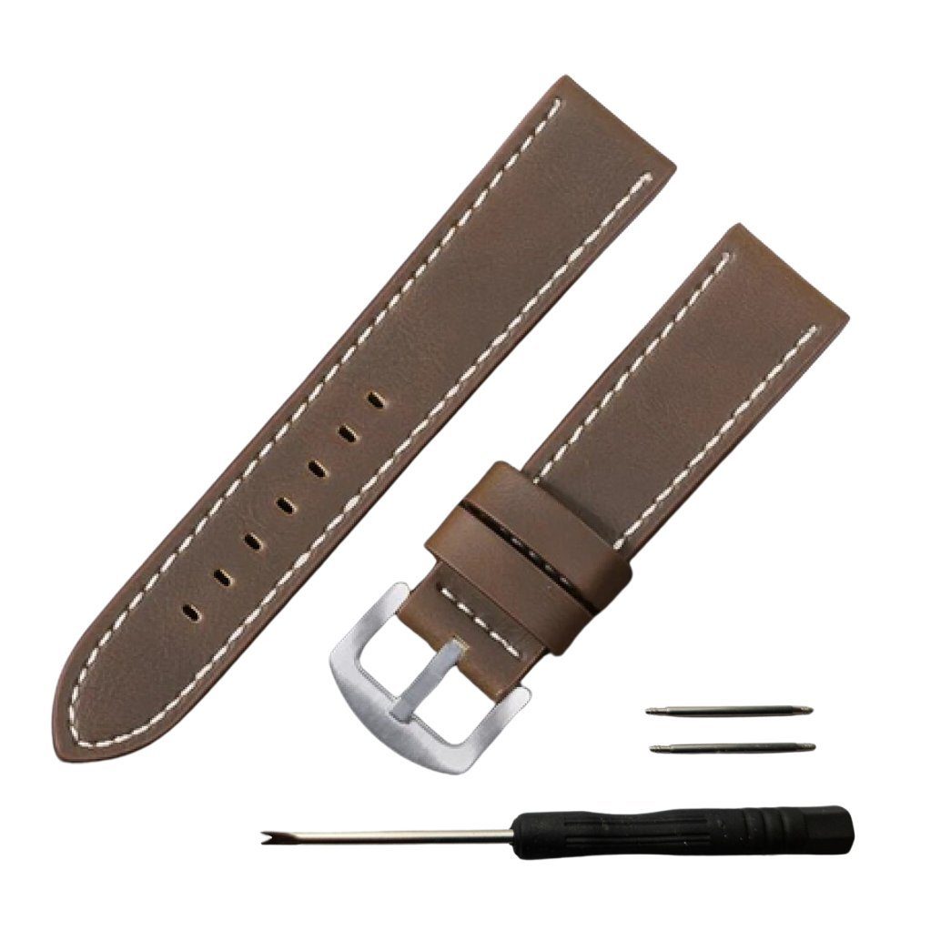 Ware aus aller Welt Uhrenarmband 22mm Leder braun mit weisser Naht + Gratis Werkzeug und Federstege