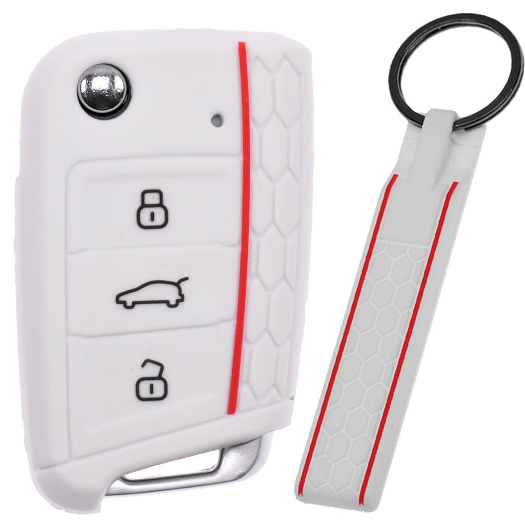 mt-key Schlüsseltasche Autoschlüssel Silikon Schutzhülle mit passendem Schlüsselband, für Golf 7 Polo 6C Seat Ateca Arona Leon Skoda Octavia Superb Kodiaq Weiß