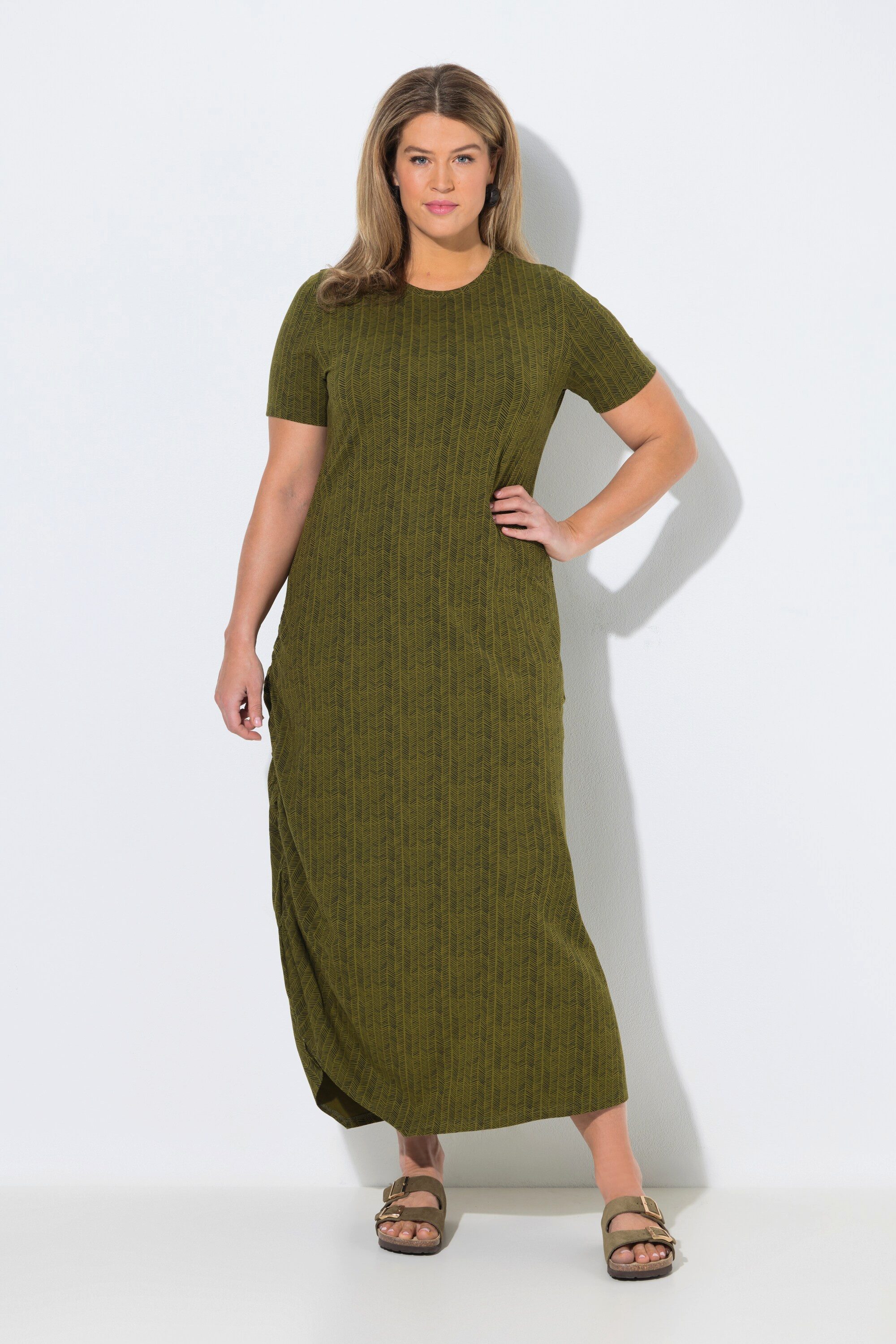 Midikleid Maxikleid Fischgrat Rundhals Halbarm Biobaumwolle