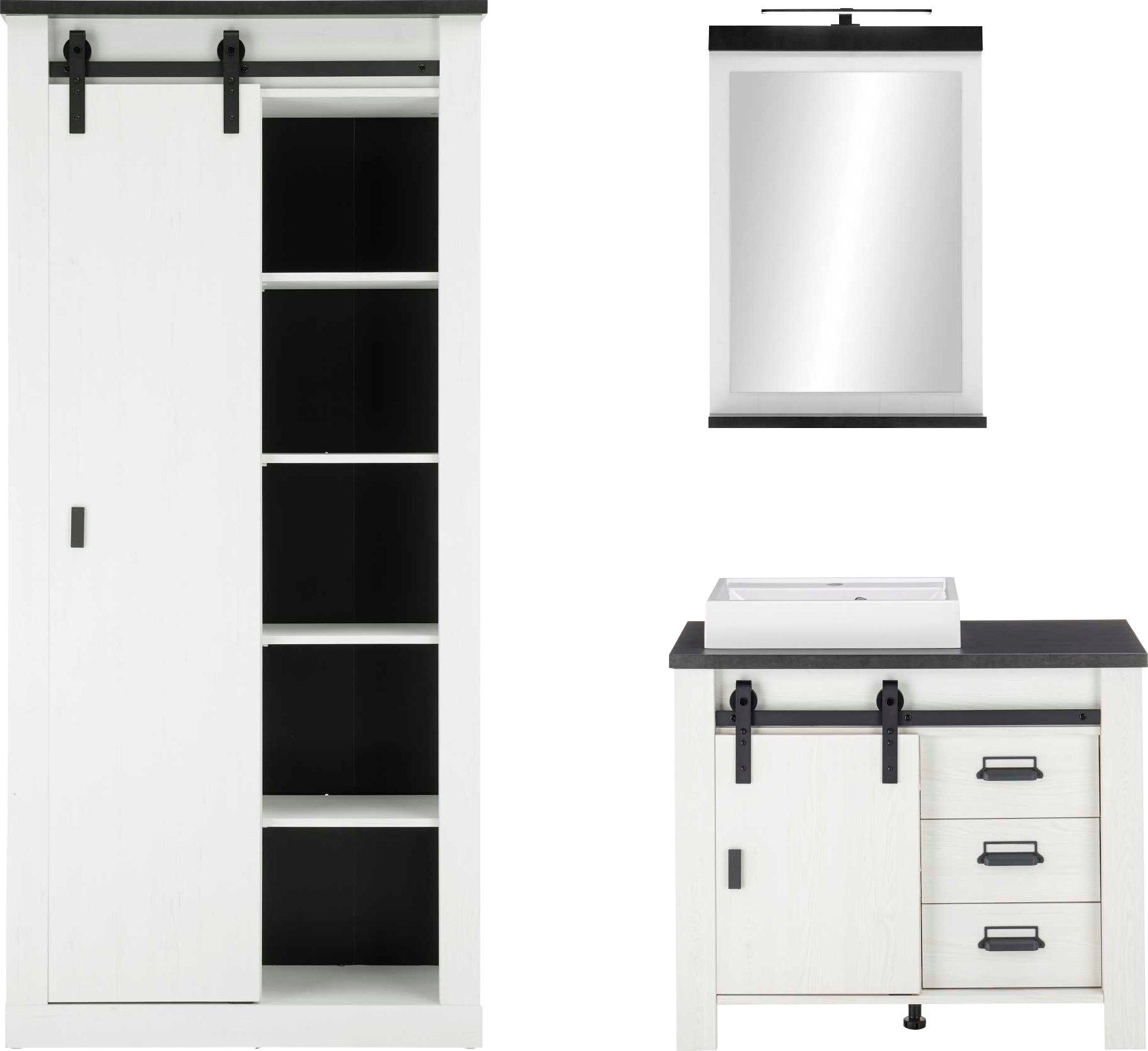 Home affaire Badmöbel-Set SHERWOOD, Bad im modernen Design, 3-teiliges Badezimmer, (3-St), in 2 Farben verfügbar, Scheunentorbeschlag & Apothekergriff aus Metall