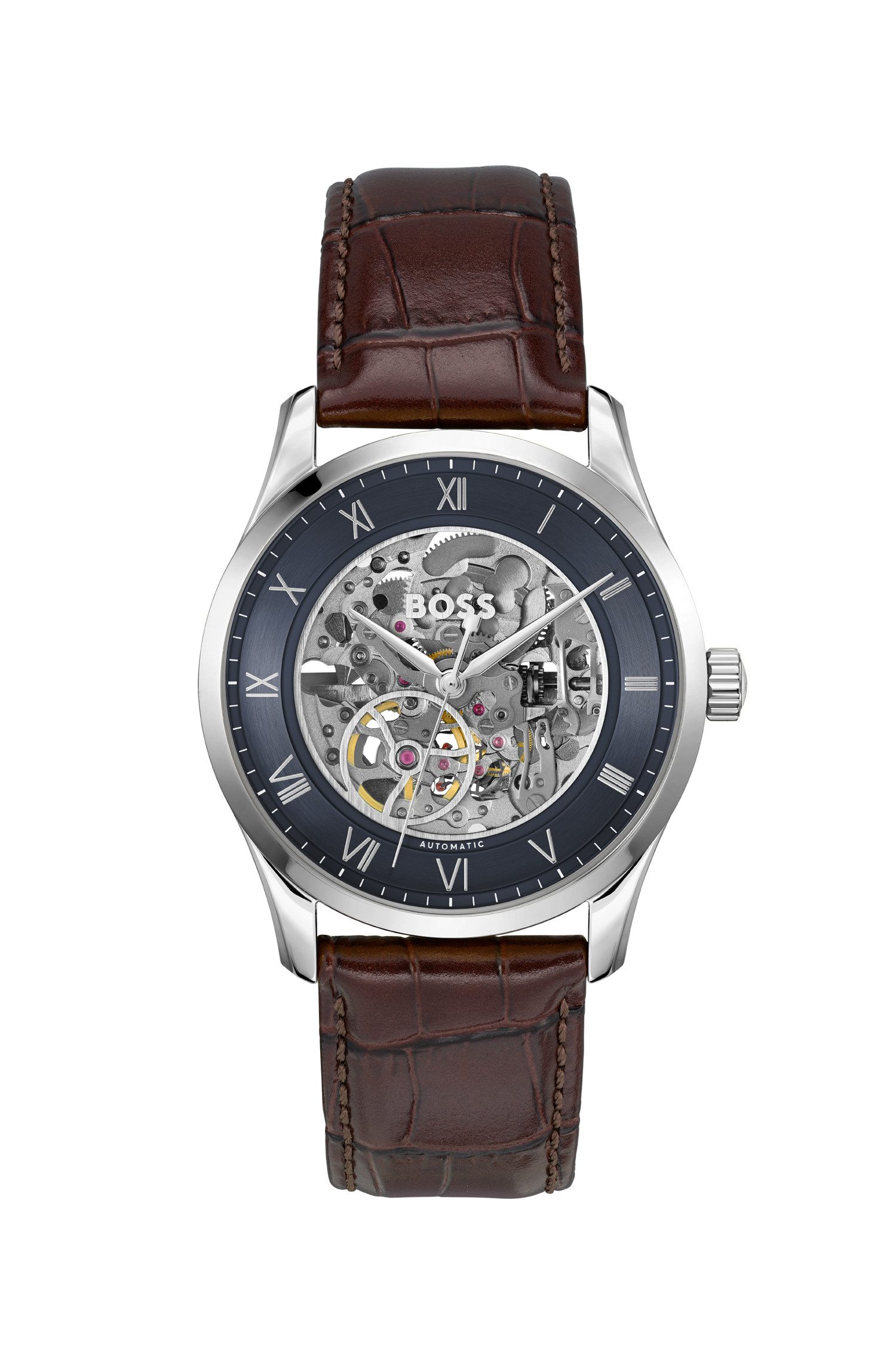BOSS Automatikuhr PRINCIPLE SKELETON 1514305, Armbanduhr, Herrenuhr, Mechanische Uhr, Lederarmband, analog