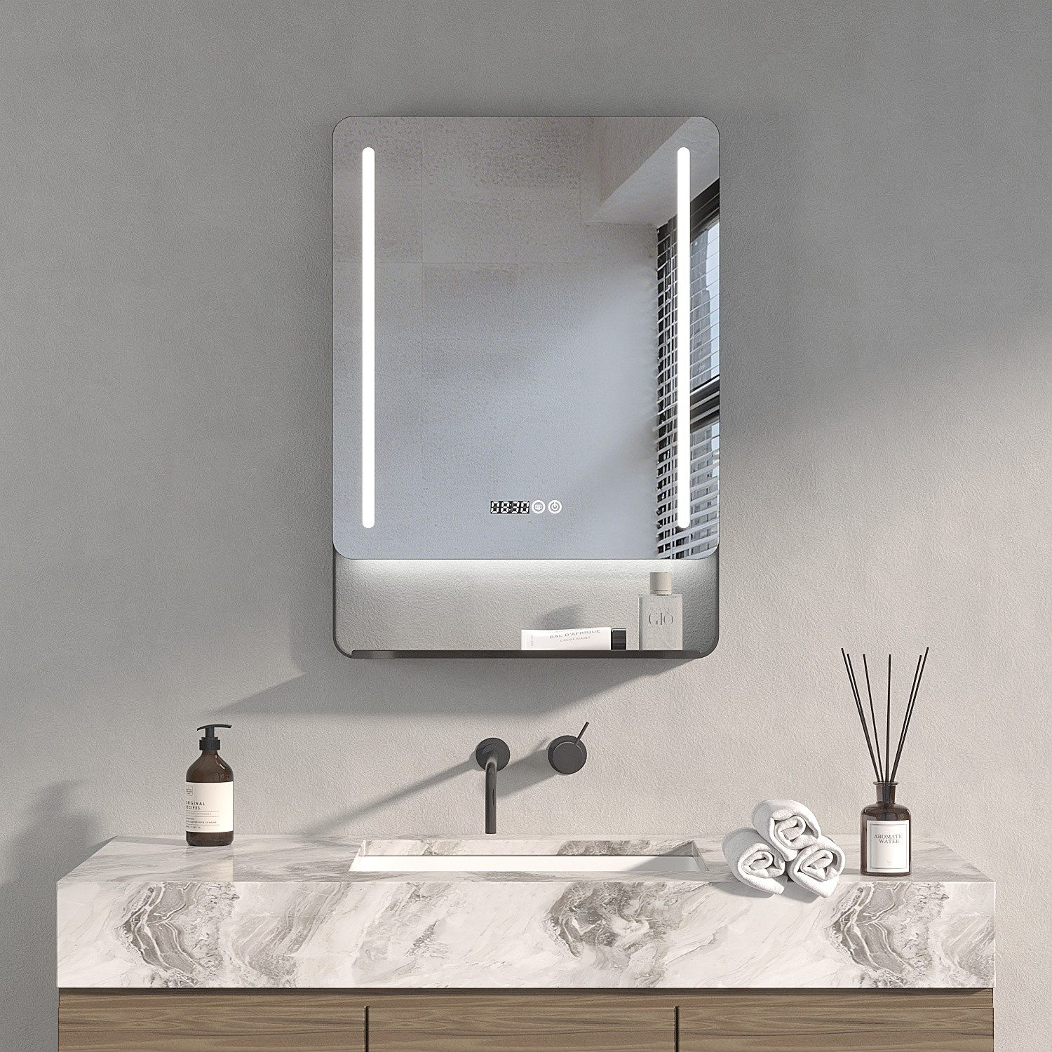 AQUALAVOS Badspiegel Wandspiegel Bad Spiegel mit Ablage 50x70cm LED Uhr Lig günstig online kaufen