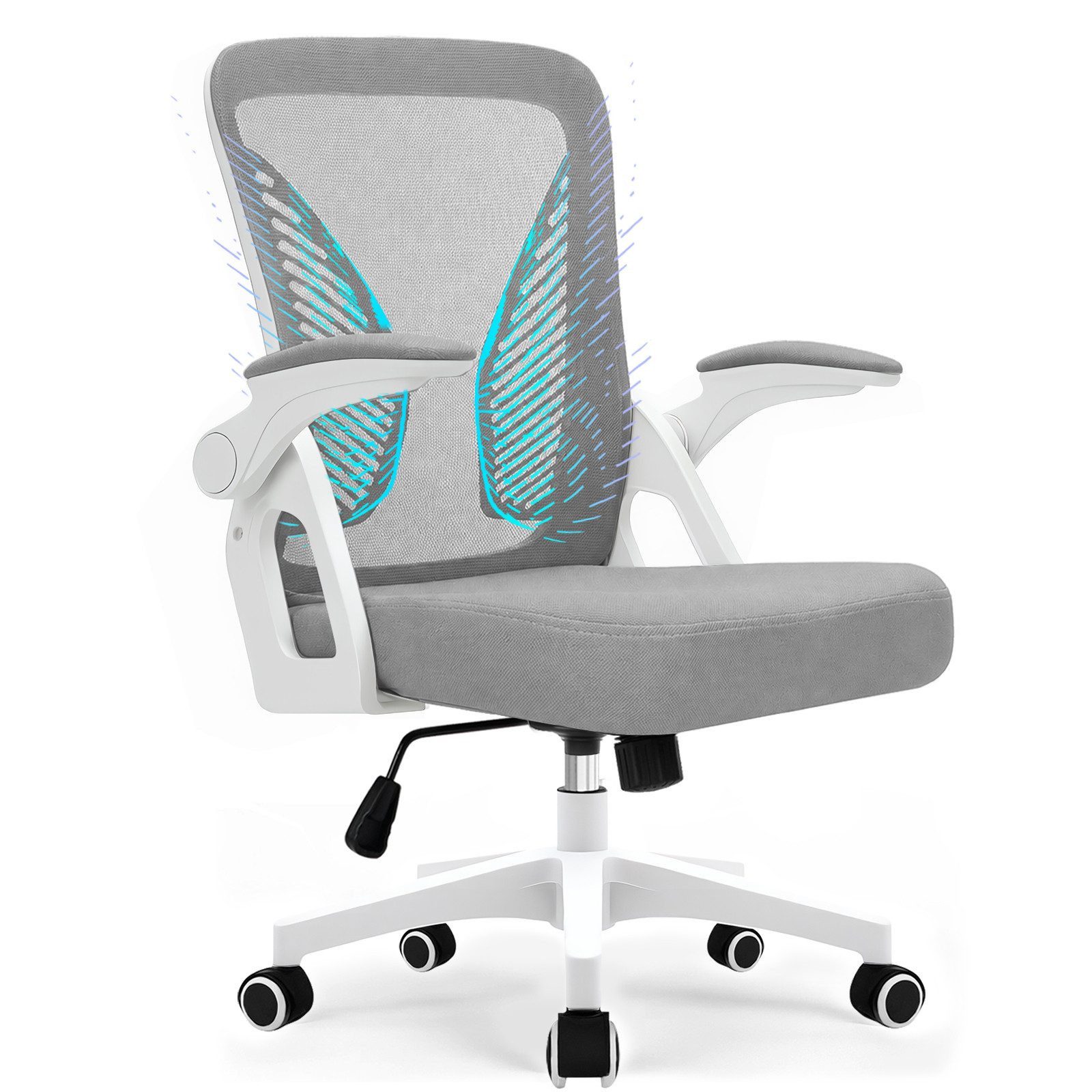 Milacyee Bürostuhl Ergonomischer Bürostuhl mit 90° klappbaren, gepolsterten Armlehnen (Höhenverstellbarer Atmungsaktiv Chefsessel mit geräuscharmen Rollen,Drehstuhl mit dynamische Rückenstütze), Platzsparend, Atmungsaktives Mesh, 150 kg Belastbarkeit