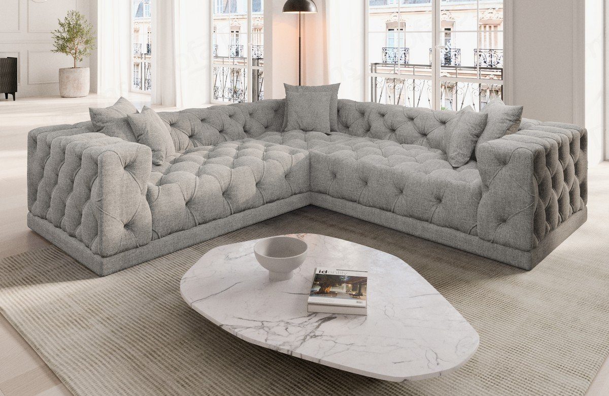 Sofa Dreams Ecksofa Polster Strukturstoff Stoff Sofa Palma L Form Stoffsofa, Loungesofa, Chesterfield Stil eisgrau70