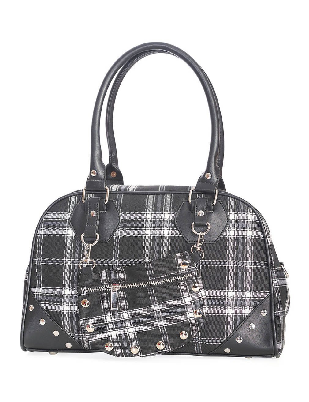 Banned Handtasche Warren Plaid Schwarz, Punk Kariert Nieten Tartan