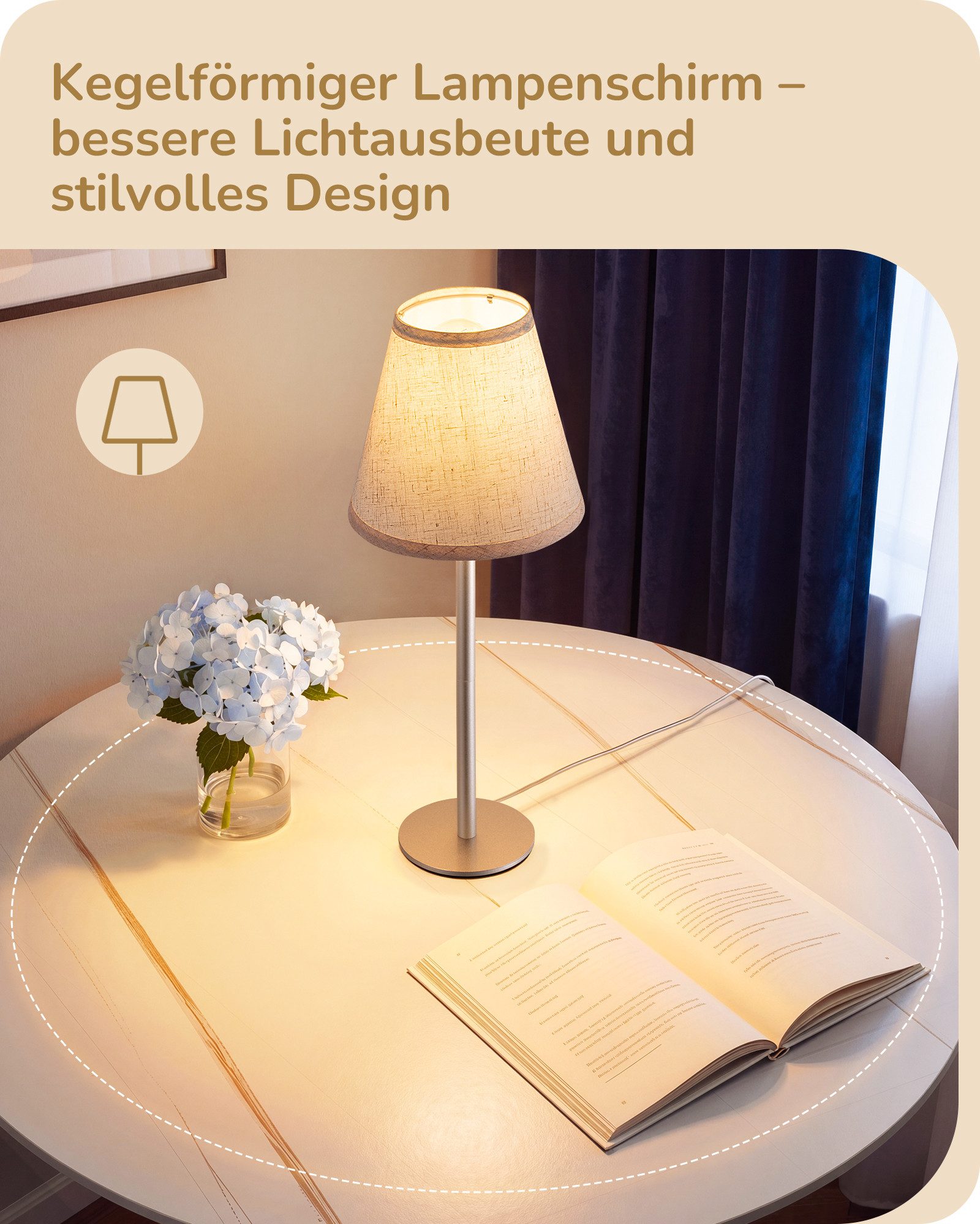EDISHINE Nachttischlampe EDISHINE LED Nachttischlampen 2er-Set, Leinenschirm, 2700K Warmweiß, LED wechselbar, Tageslichtweiß, Tischlampe aus Metall, E27 Fassung – Bild 4 von 5