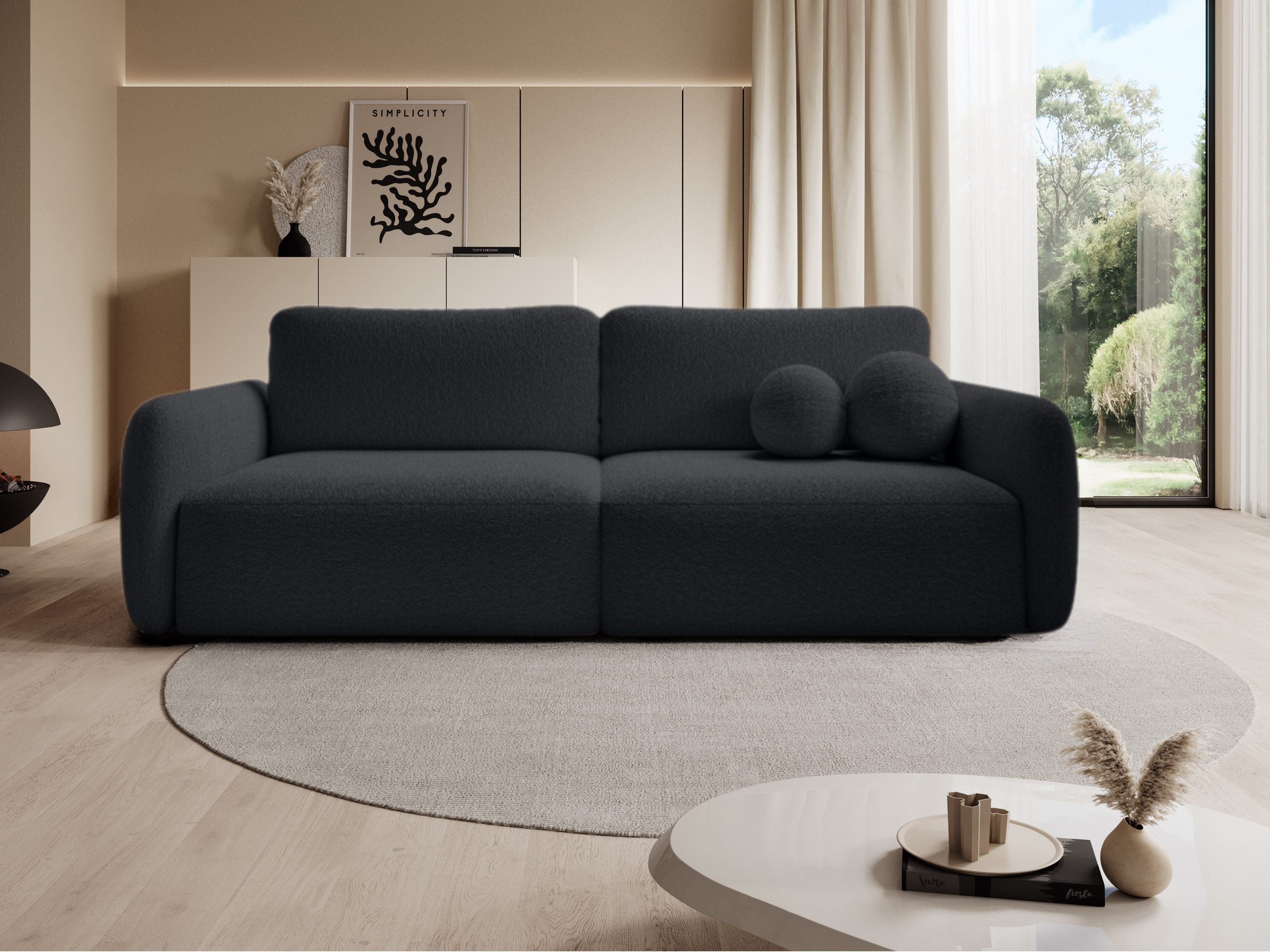 Goldstoff Schlafsofa Boo mit Bouclé-Stoff Designer Couch - modernes Sofa, Dekorative runde Kissen, ausziehbare Liegefläche