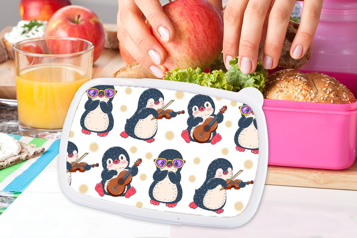 MuchoWow Lunchbox Pinguin - Musik (2-tlg), für rosa - - Kinder, - Snackbox, Brotbox Kunststoff Erwachsene, Gitarre Kinder Kunststoff, Mädchen, Muster, Brotdose