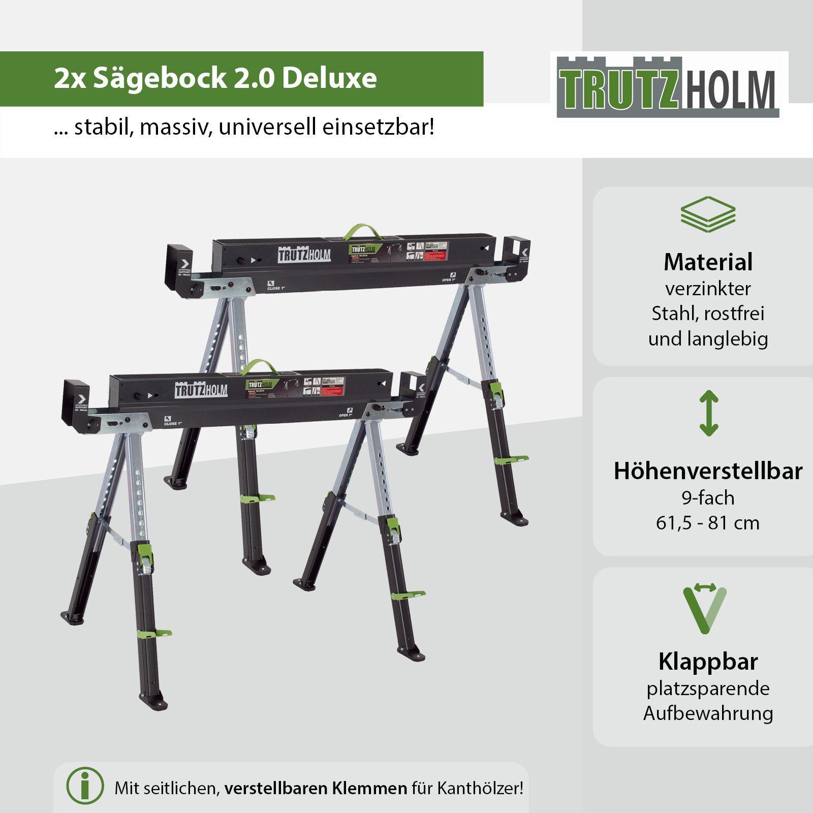 TRUTZHOLM Sägebock 2.0 DELUXE Stahl Klappbock Arbeitsbock Werkbock Unterstellbock Bock, (2er Set), klappbar, Traglast gesamt bis 1300 kg, höhenverstellbar
