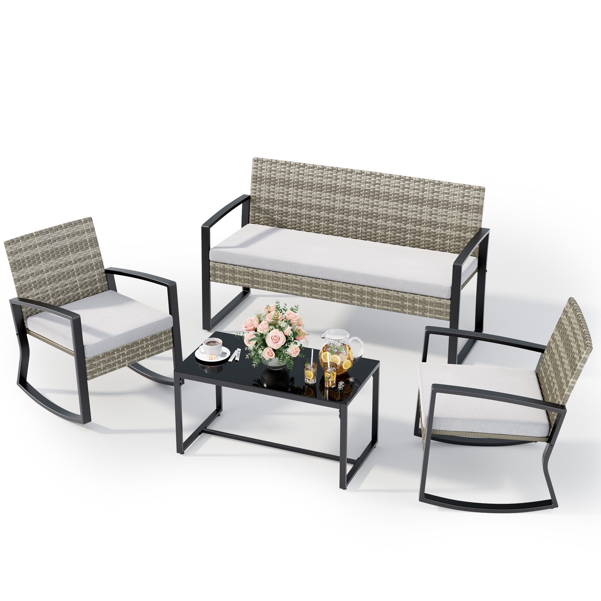 Blishom Balkonset 4-tlg. Gartenmöbel Set mit Schaukelstühlen & Glastisch