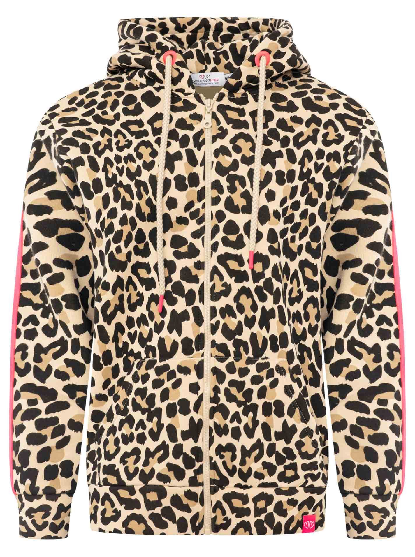 Zwillingsherz Kapuzensweatjacke "Leo Stripe" Leomuster, pinker Streifen am Arm, Kapuze mit Kordel, Tasche, Zipper – Bild 2 von 5