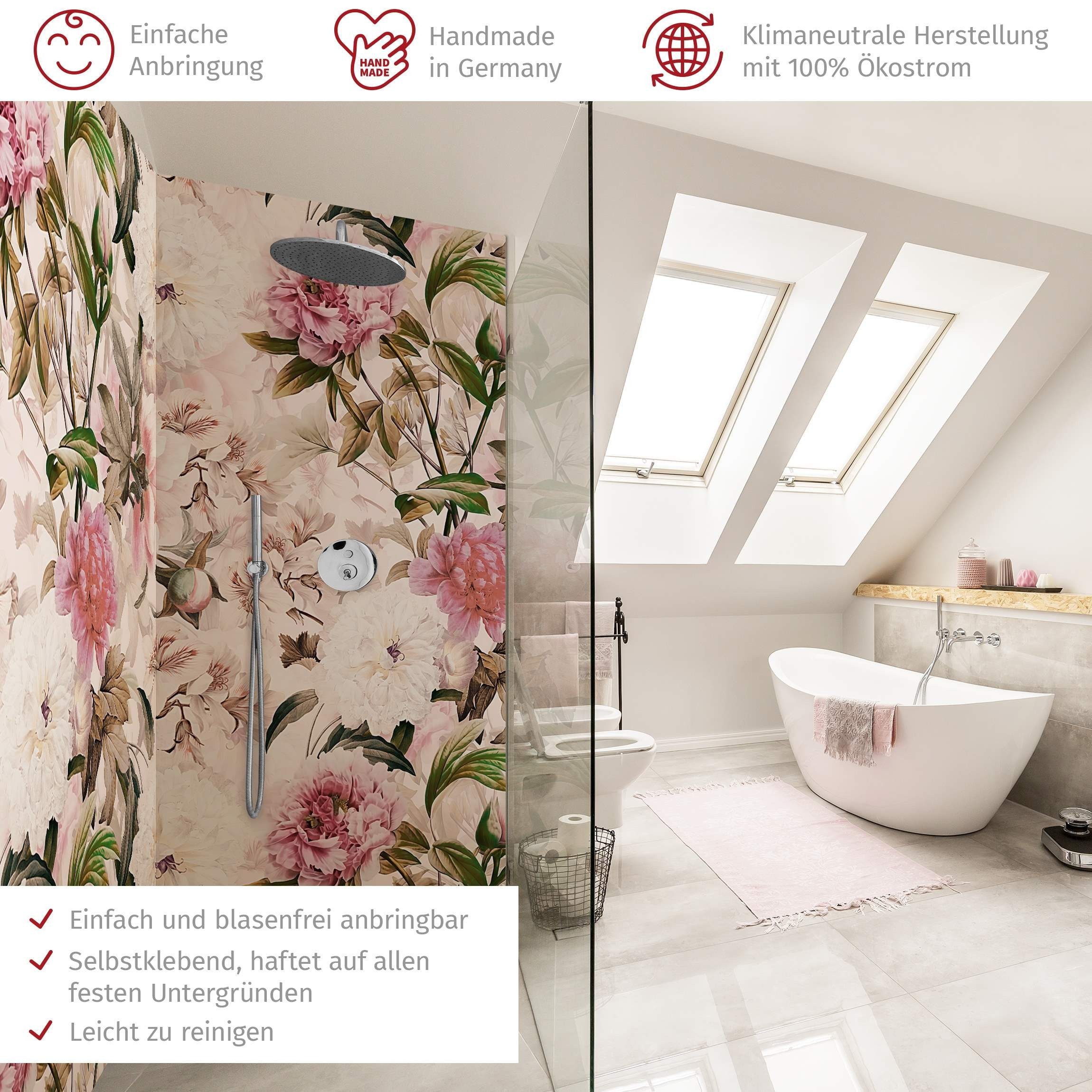 Thumbnail - Bilderdepot24 Badrückwand Blumen rosa Duschrückwand ohne Bohren Dusche Fliesenersatz, (2-tlg., Hart-Folie Premium matt 0...