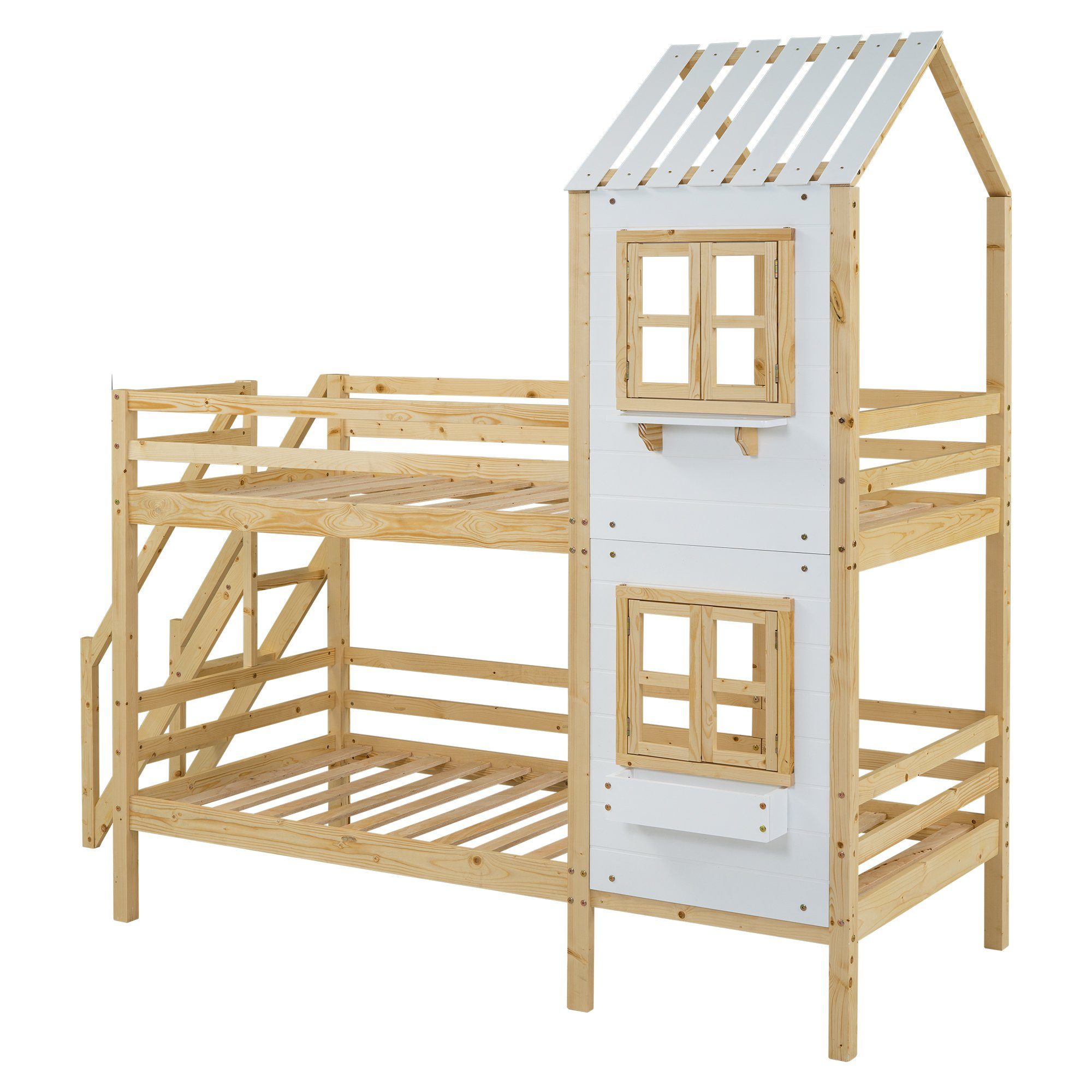 Etagenbett (Hochbett Kinderbett 90x200 cm), inklusive Trittleiter und Rundum-Absturzschutz, Kiefer