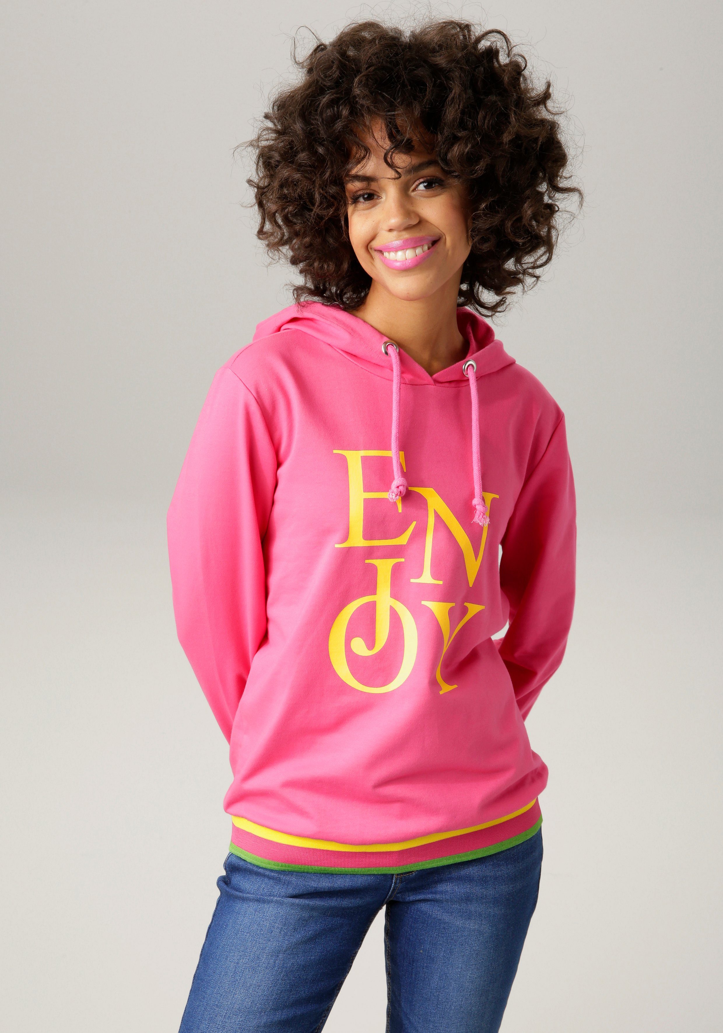 Aniston CASUAL Sweatshirt "ENJOY"-Schriftzug mit pink-gelb-moosgrün
