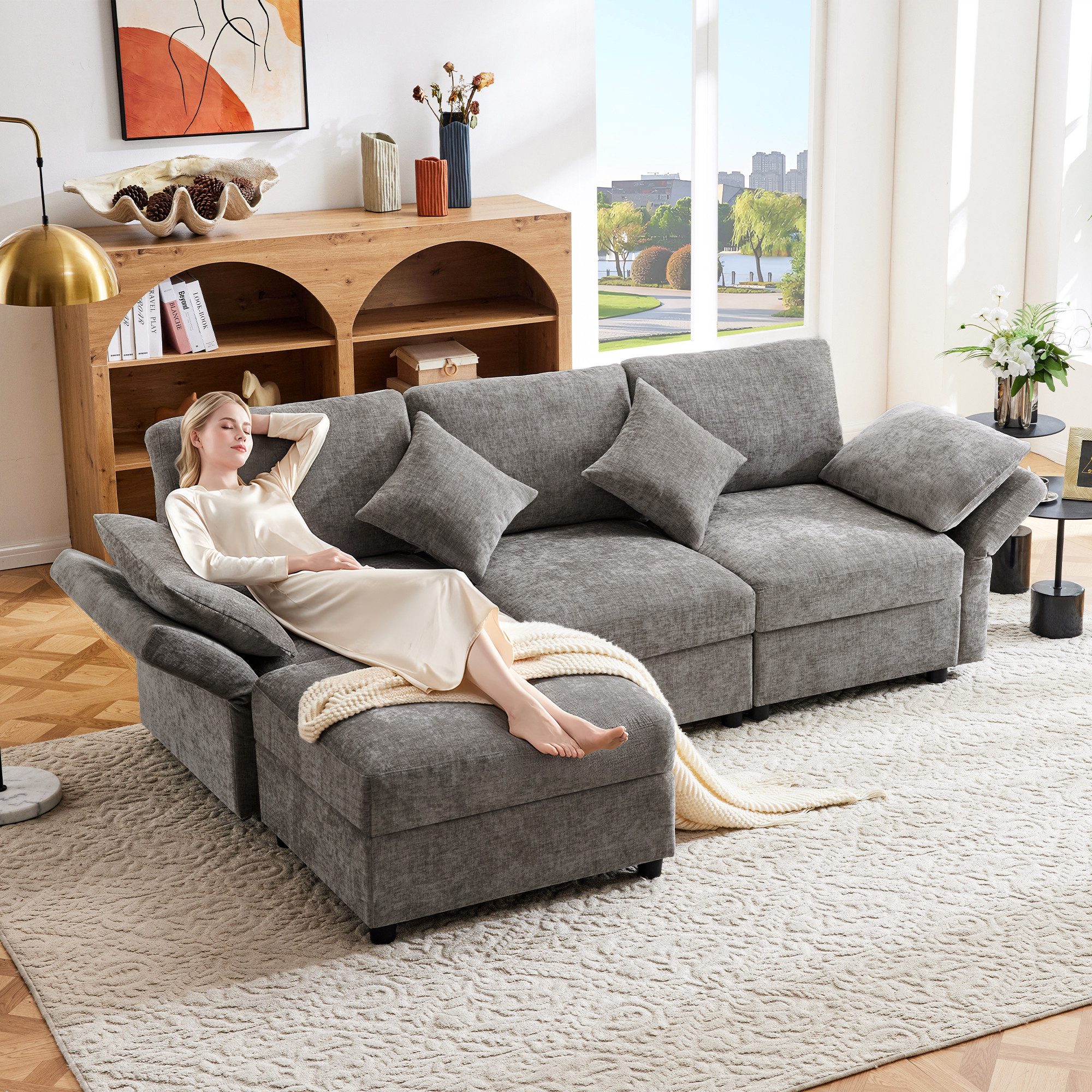 Merax Ecksofa L-förmig Sofa mit Fußhocker, Chenille-Stoff, 1 Teile, 3-Sitze günstig online kaufen