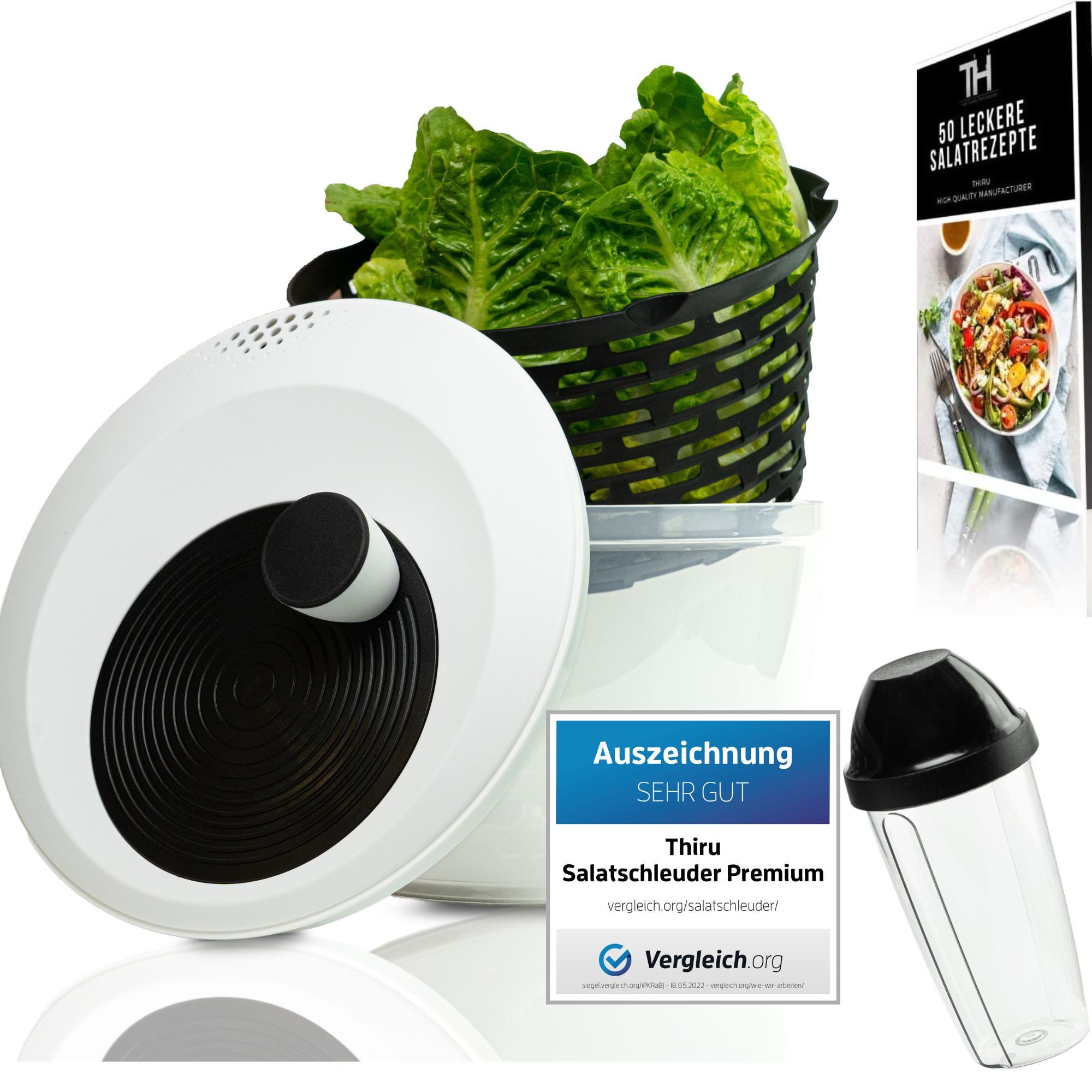 Thiru Salatschleuder Premium Salatschleuder 5L - Made in Germany - BPA Frei, 5 Liter, BPA frei, Rutschfest, Leichtes Kurbeln