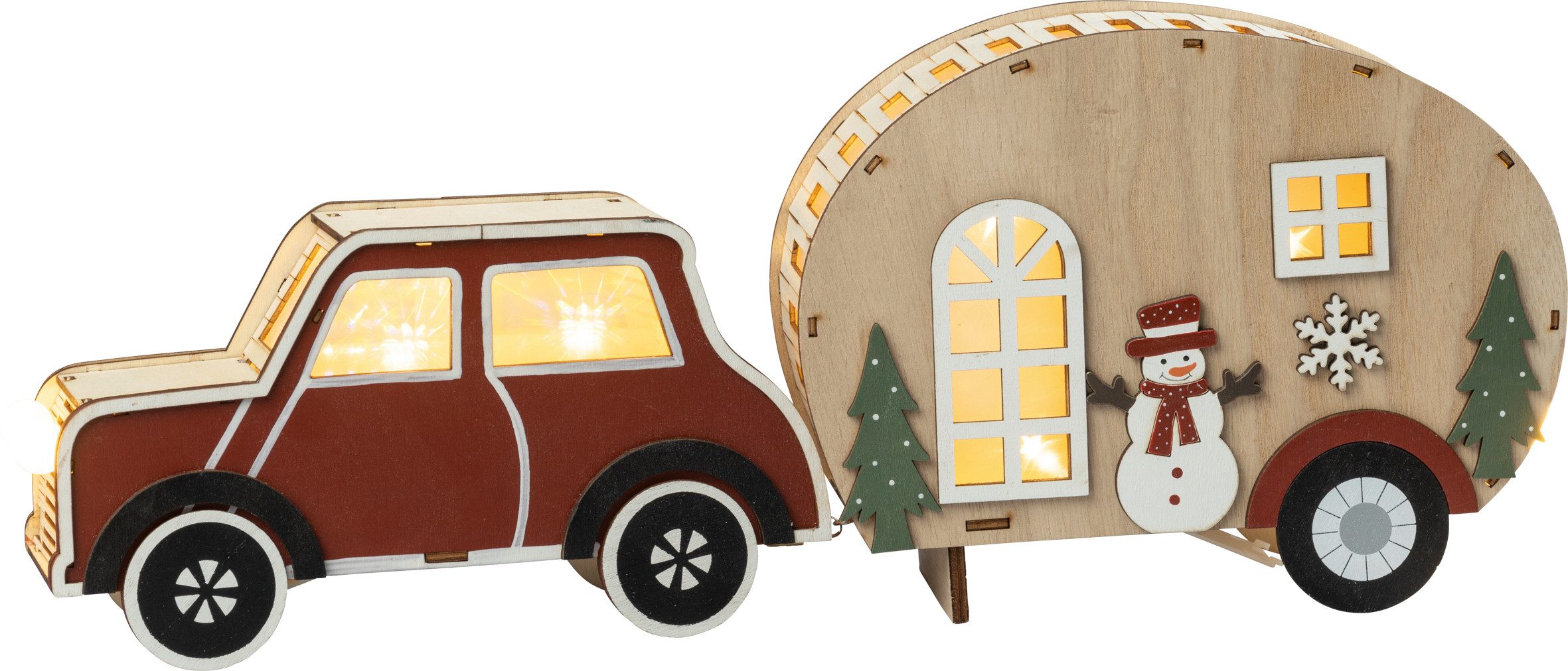 HGD Dekoobjekt Caravan - aus Holz - mit LED-Beleuchtung, winterliche Dekoration - mit geschmücktem Wohnmobilanhänger