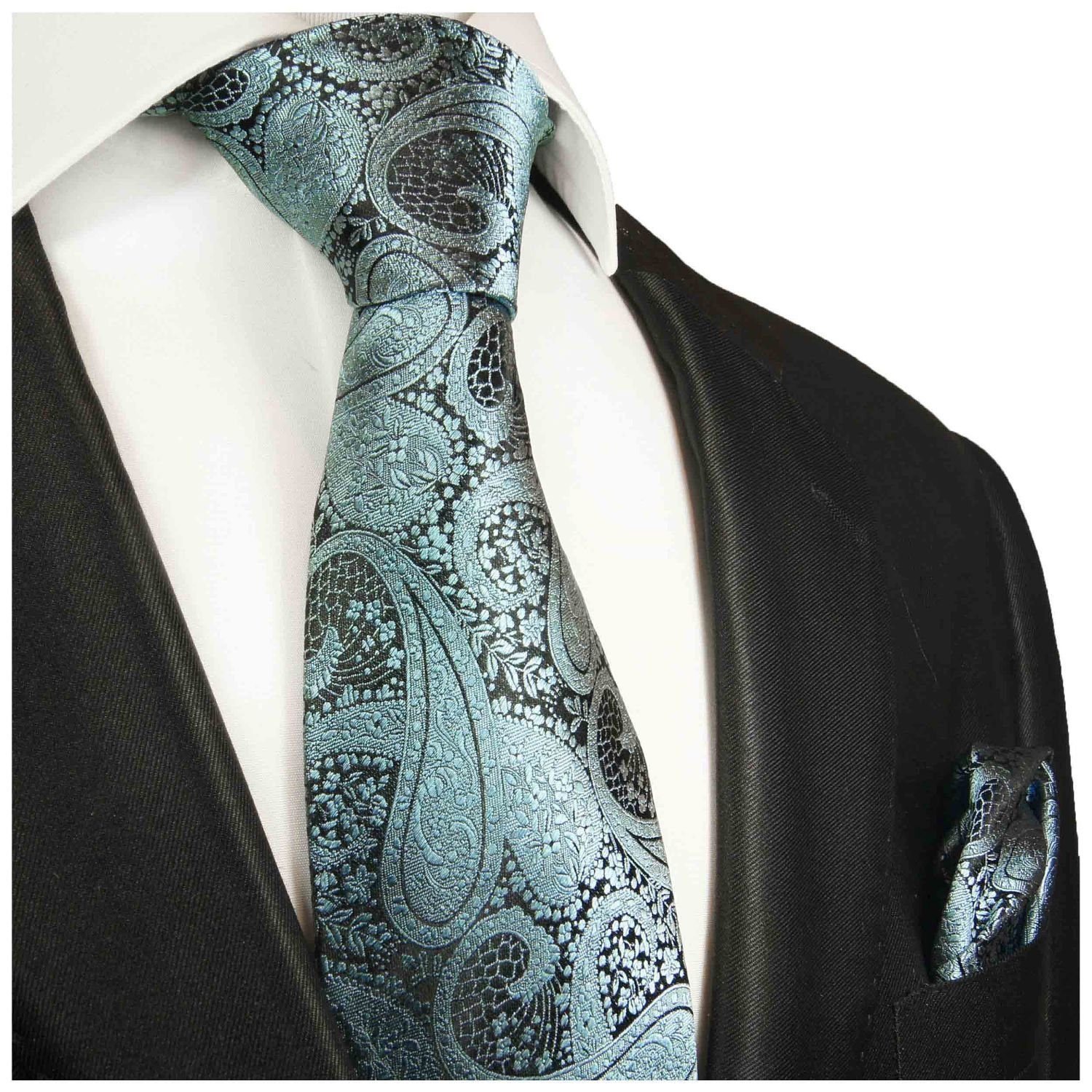 Paul Malone Krawatte Herren Seidenkrawatte mit Tuch modern paisley brokat 100% Seide (Set, 2-St., Krawatte mit Einstecktuch) Schmal (6cm), türkis schwarz 590