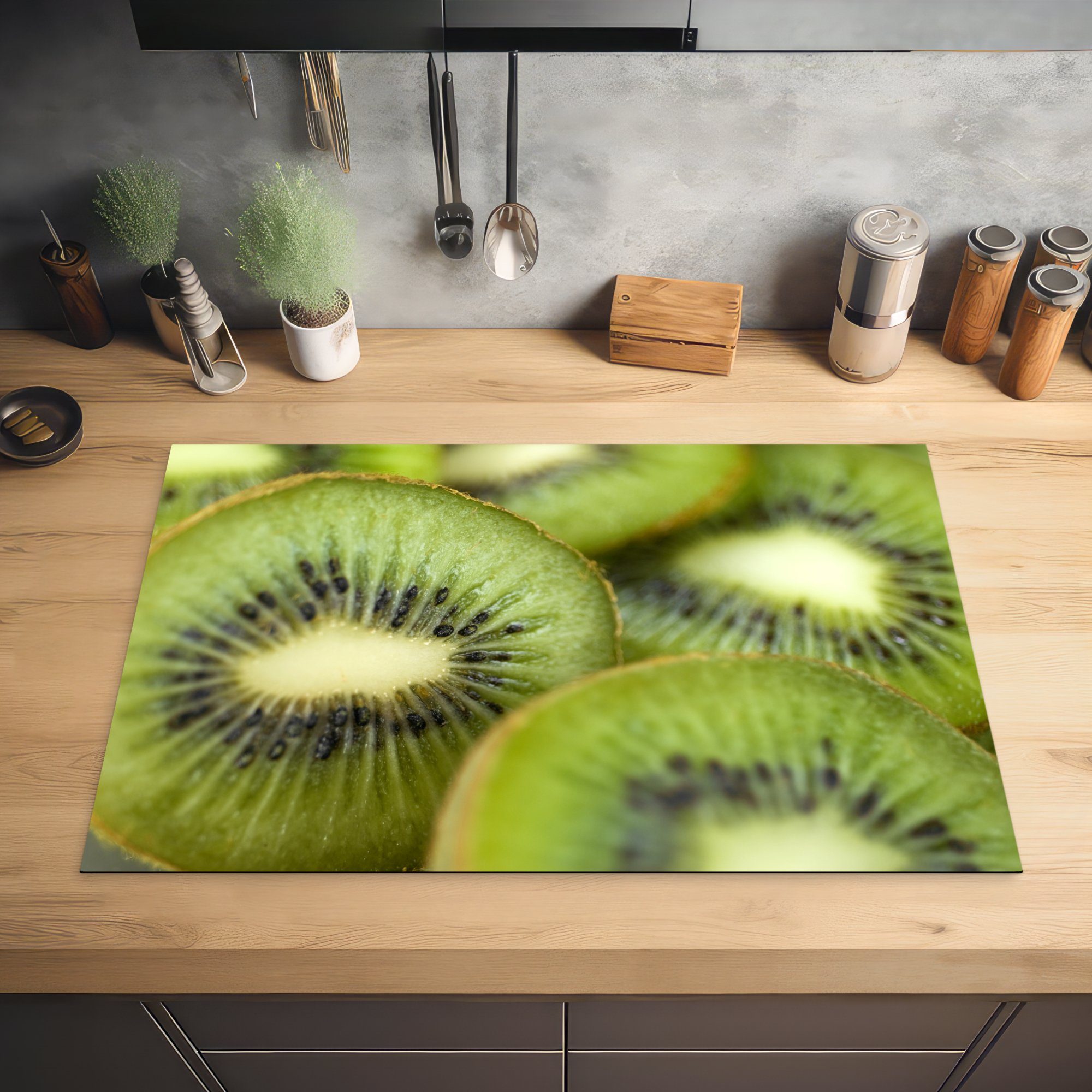 Kiwi die (1 - Schutz für - Vinyl, küche, Herdblende-/Abdeckplatte Grün tlg), 81x52 cm, MuchoWow Ceranfeldabdeckung Obst, Induktionskochfeld