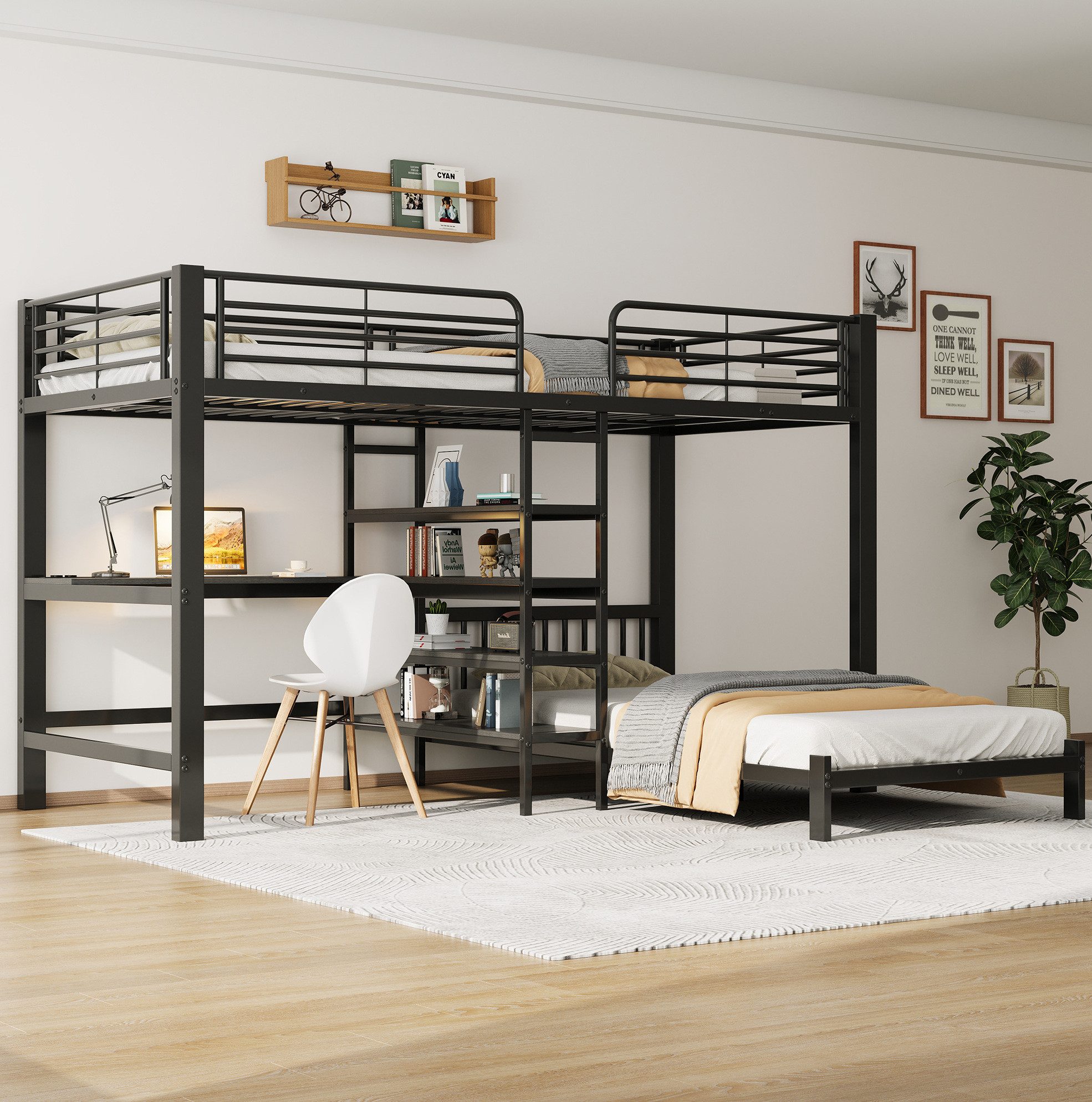 REDOM Hochbett Schwarz Metall 90 x 200 cm – Zwei Schlafplätze Bettgestell (Packung, 1-St., Eisenrahmen Konstruktion, Schreibtisch, USB & Type-C Steckdose) 3 Regale, Kopfteil-Ablage, Stauraum, ohne Matratze