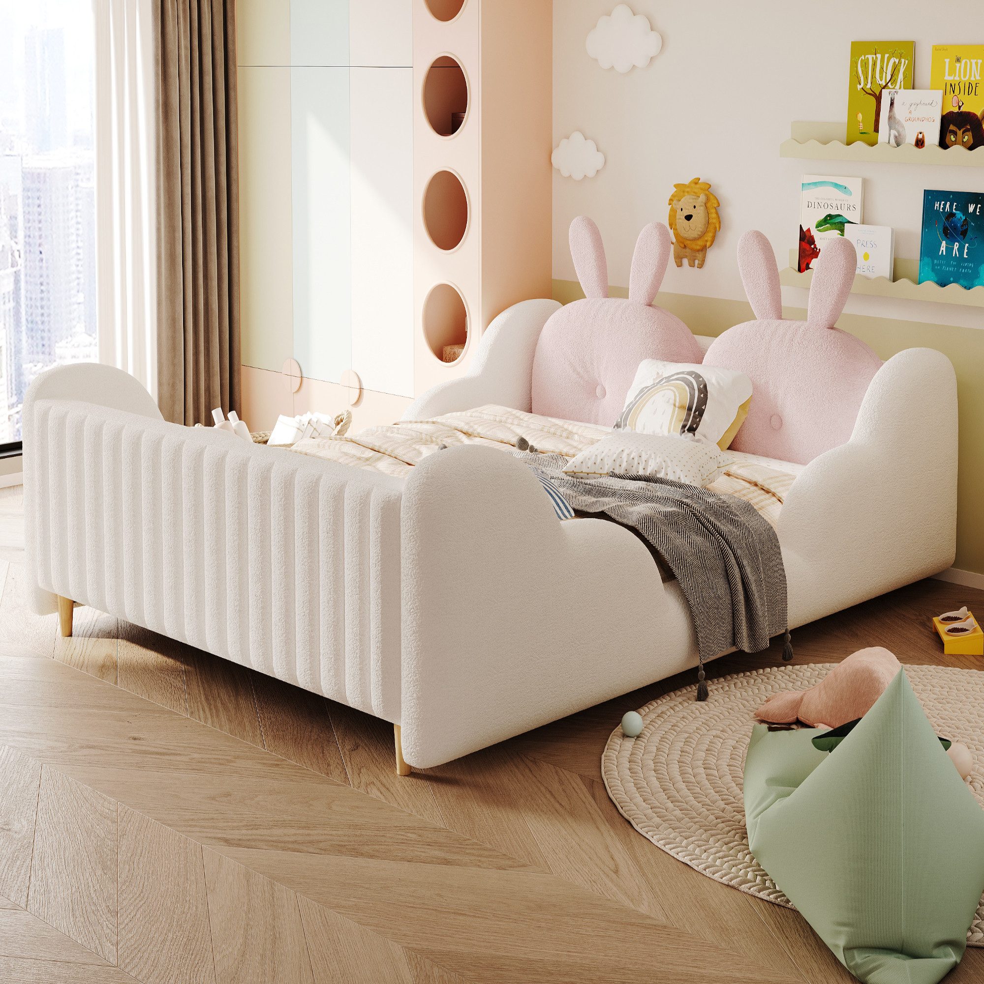 Flieks Polsterbett, Kinderbett 140×200cm mit Hasenform-Kopfteil und Wolkenform-Seitenteil