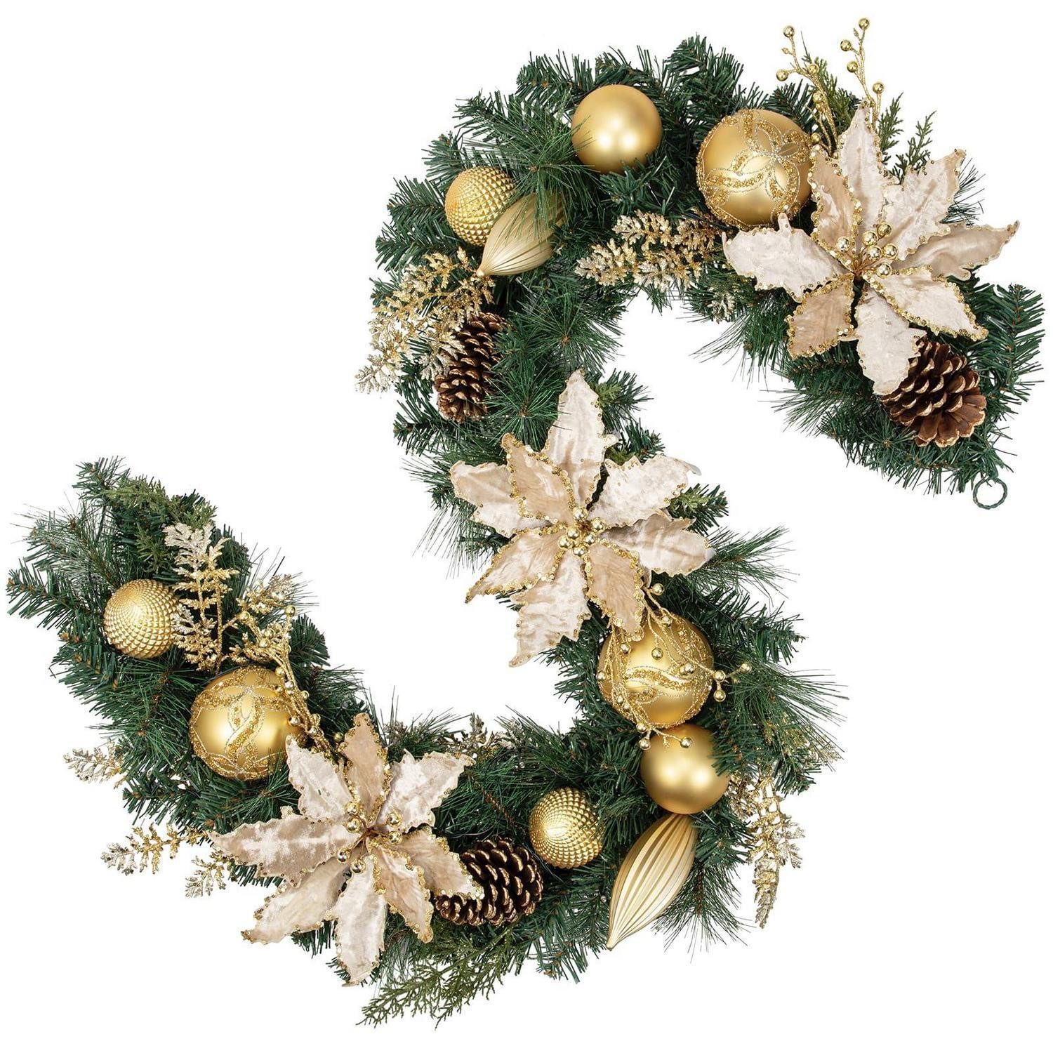 LuxusKollektion Dekokranz Weihnachtsgirlande 183cm Magnolie Kugeln Tannenzapfen Gold