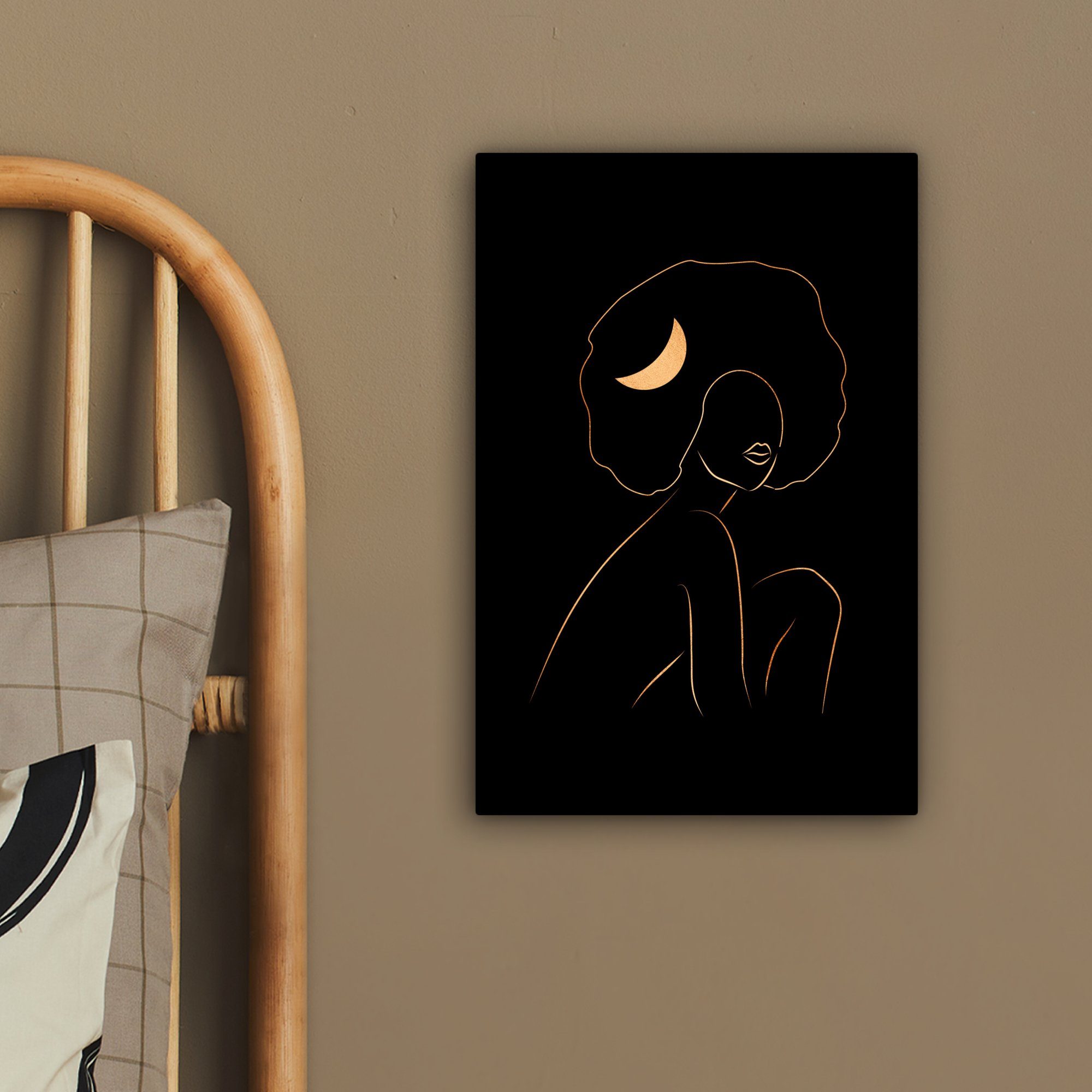 Strichzeichnung, - Gemälde, fertig bespannt (1 inkl. - - Leinwandbild OneMillionCanvasses® Zackenaufhänger, St), Gold und Schwarz Frau 20x30 cm Haarspange Leinwandbild