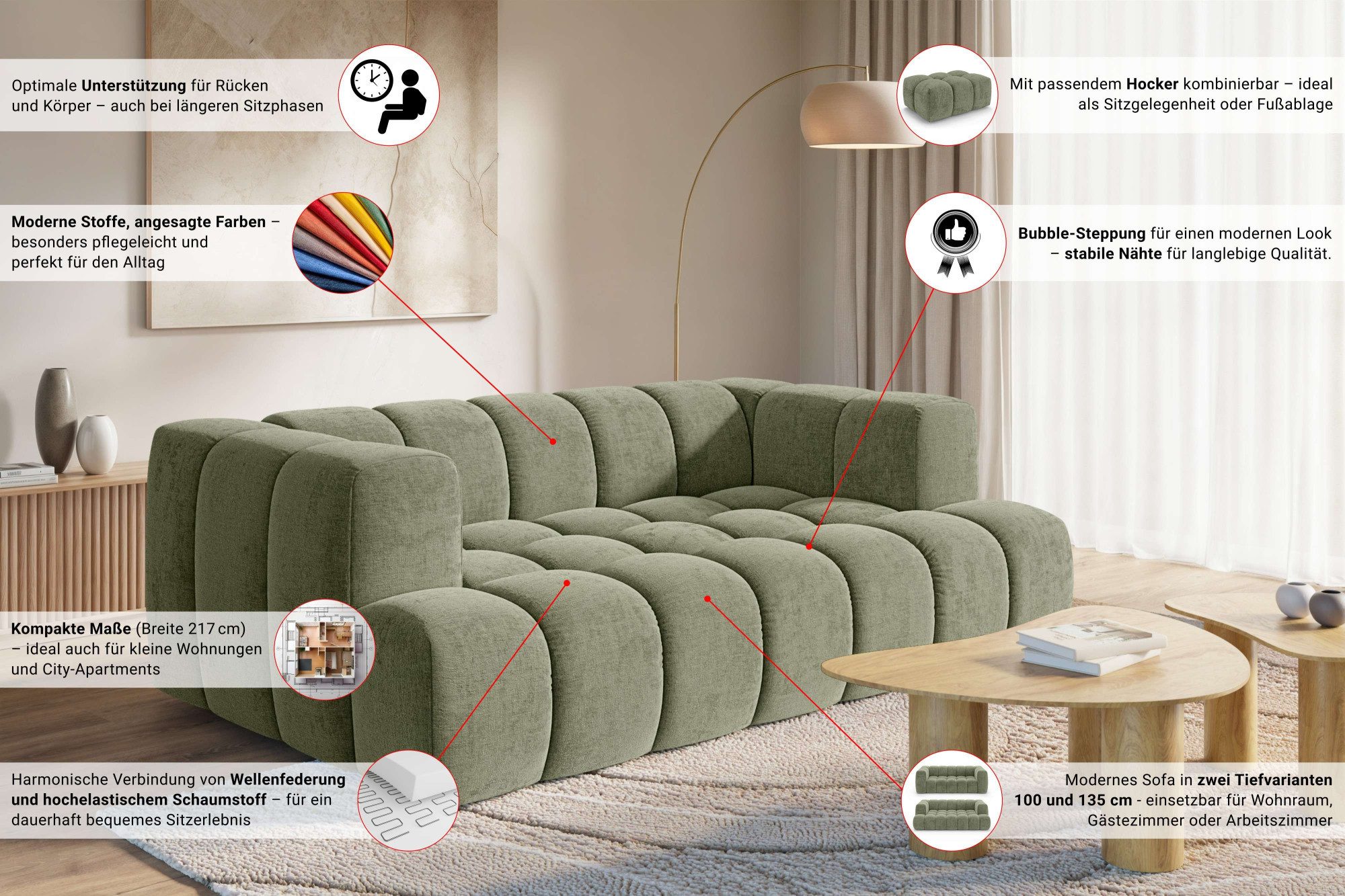 homsy by Ana Johnson 3-Sitzer »XL« BOUBELLE Design-Sofa extra tief, Bubble-Optik, Breite 217 cm, hoher Sitzkomfort dank Wellenunterfederung, XL Sitztiefe 100 cm