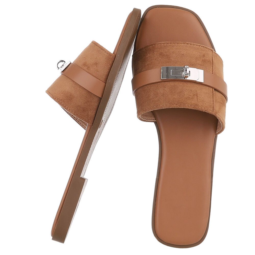 Ital-Design Damen Pantolette mit Metall-Detail und flachem Fußbett Pantolette (91742319) Blockabsatz Pantoletten in Camel