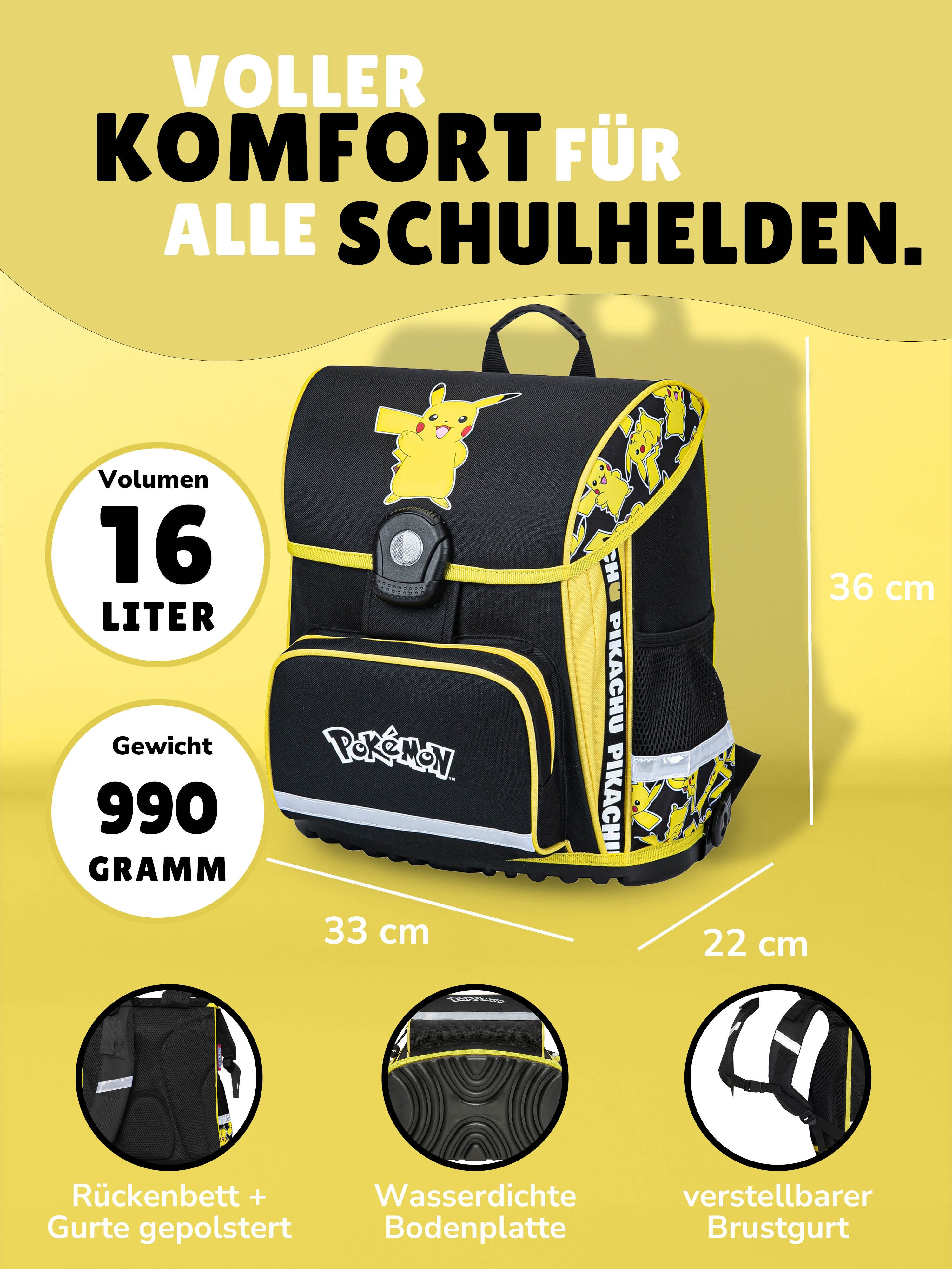 Familando Schulranzen Pokemon Gelb mit Pikachu für 1. bis 4. Klasse, Ergonomisch & Leicht (Set, 6-tlg., Grundset mit großer Sporttasche), mit großer Sporttasche