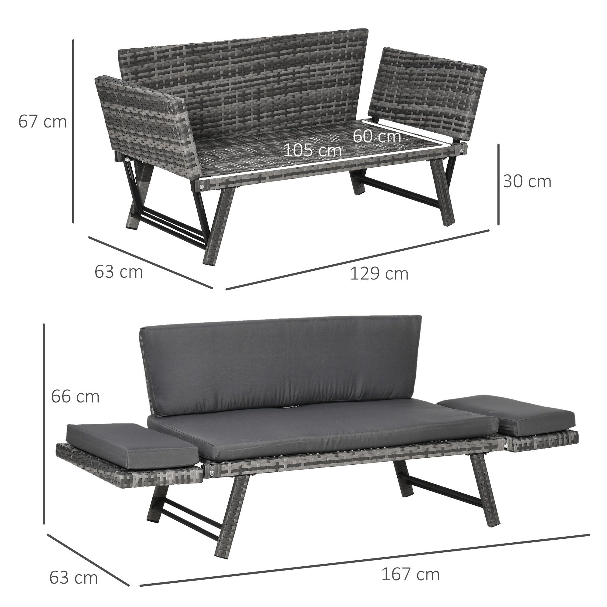 Outsunny Gartensofa 2 Sitzer Loungesofa, Gartenbank, Gartenliege, klappbar Armlehnen, Gartenmöbel 1 Teile, für Garten, Balkon, Grau