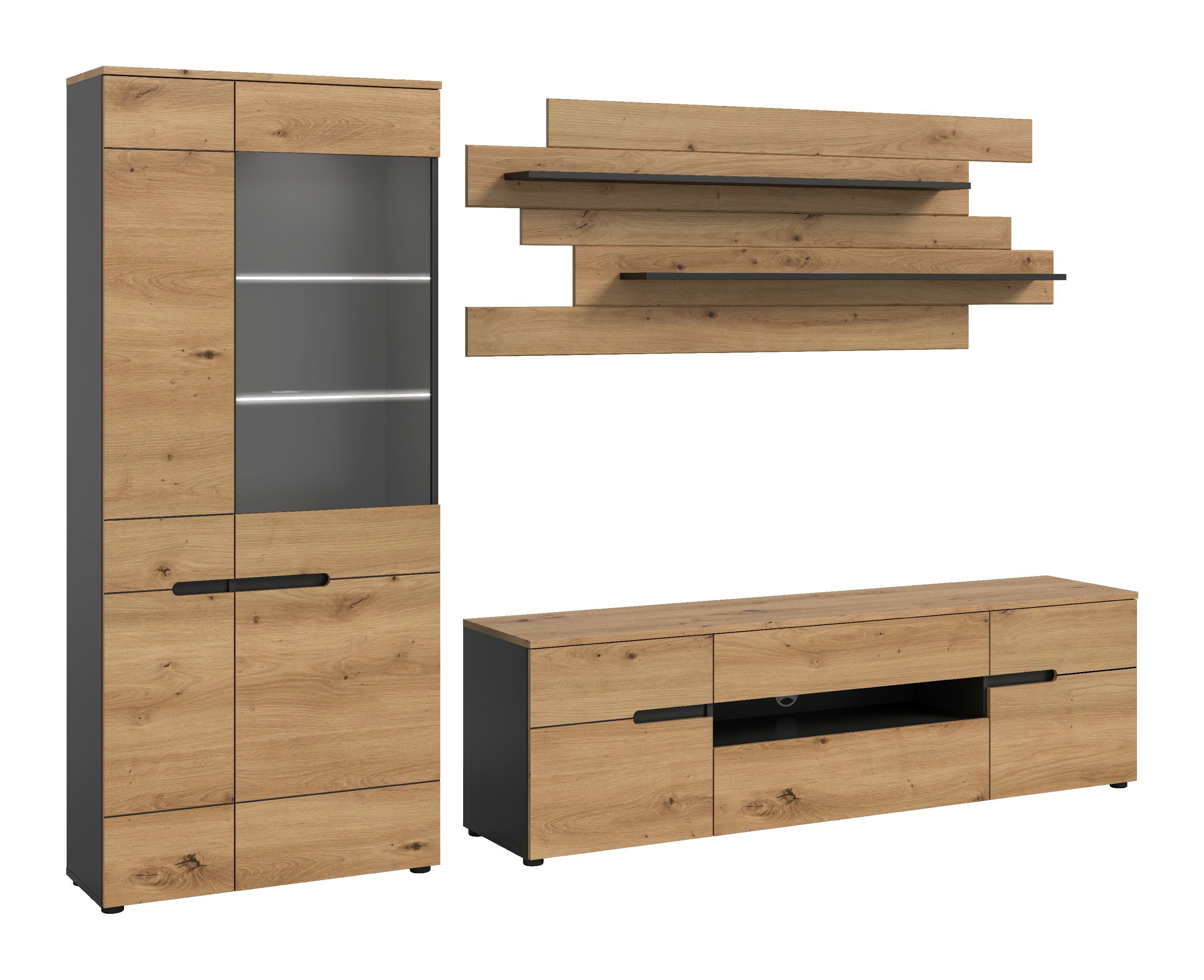 xonox.home Wohnwand Canu, (3tlg. Set inkl. Vitrine, Lowboard, Wandboard), Basalt grau Melamin beschichtet modern 280x190x44 cm