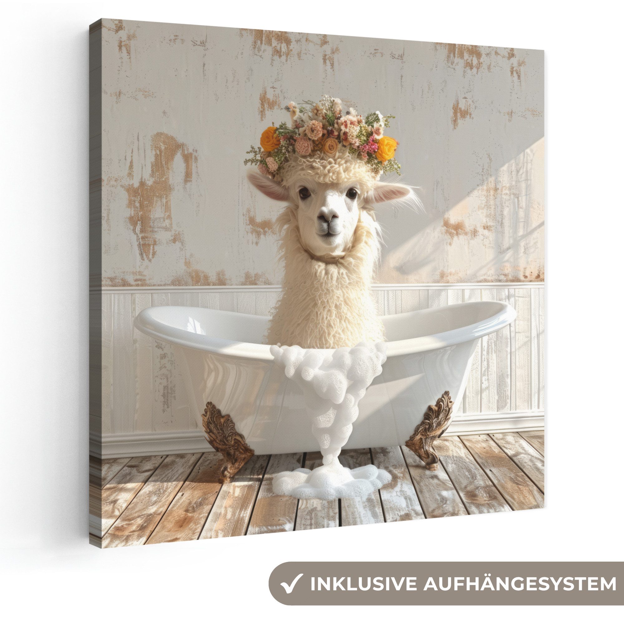 OneMillionCanvasses® Leinwandbild Vintage - Alpaka - Badewanne - Blumen - Tier, Fotodruck (1 St), Wandbild, Deko Schlafzimmer Wohnzimmer Flur 20x20 cm