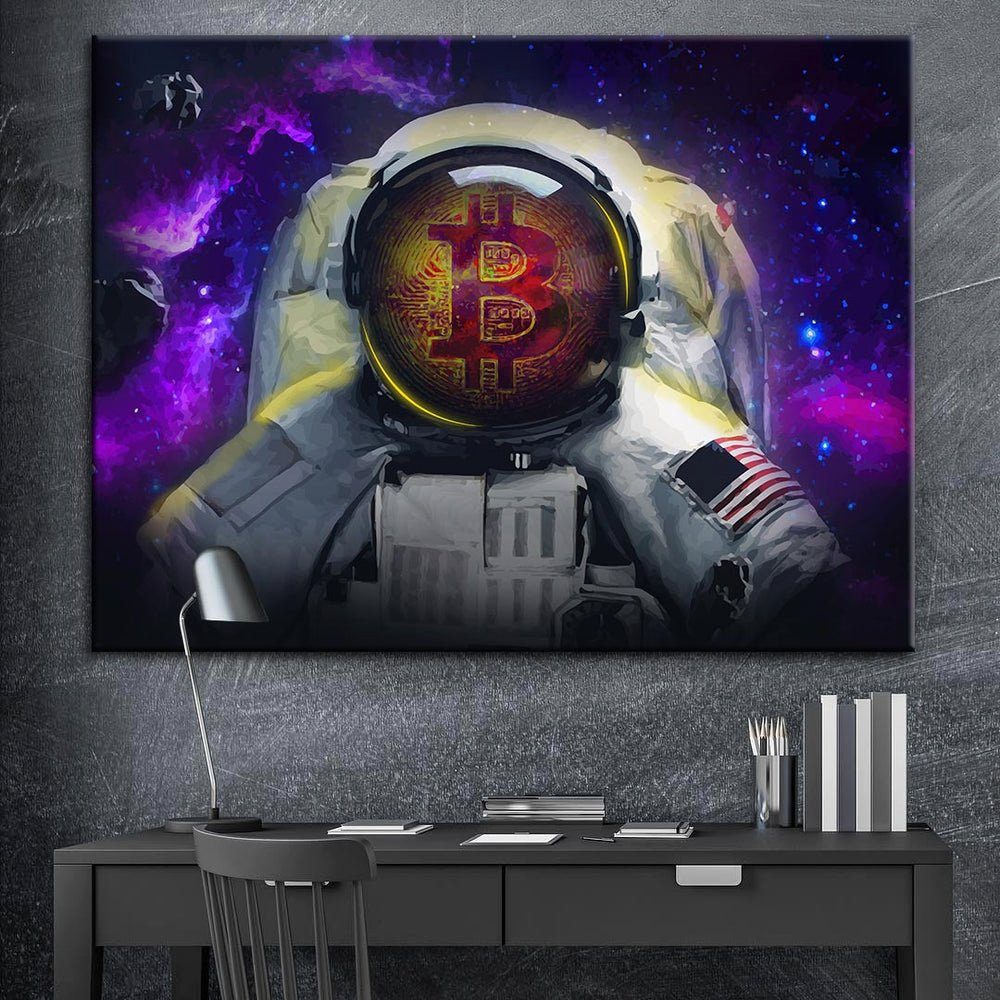 Wandbild Motivation Bitcoin violett Raumanzug Leinwandbild Rahmen DOTCOMCANVAS® Astronaut Bitcoin lila Astronaut, Helm bl ohne