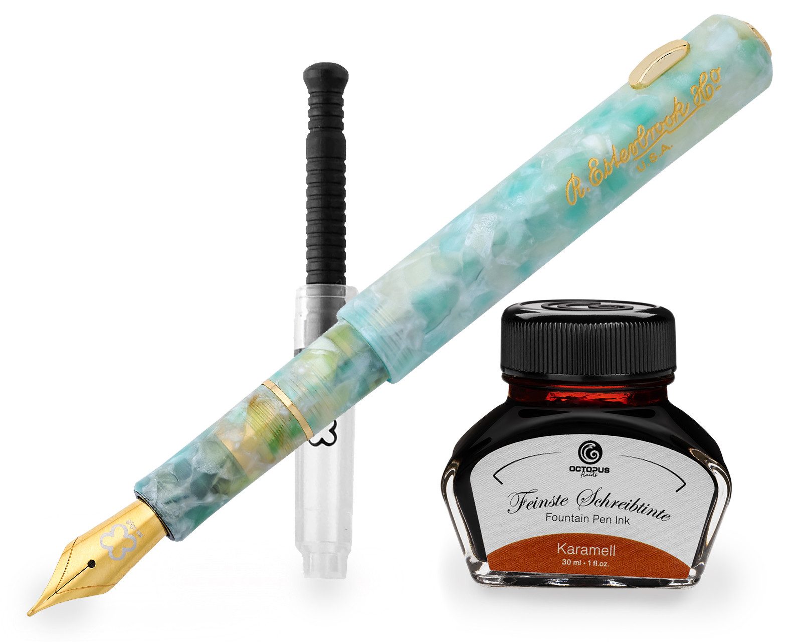 OCTOPUS Füllfederhalter Esterbrook Niblet Sea Glass, Gold Füllhalter mit 30ml Tinte, (Füller mit Schreibtinte, 1-tlg., Karamell), inklusive Tintenglas, inklusive Konverter, Schraubkappe