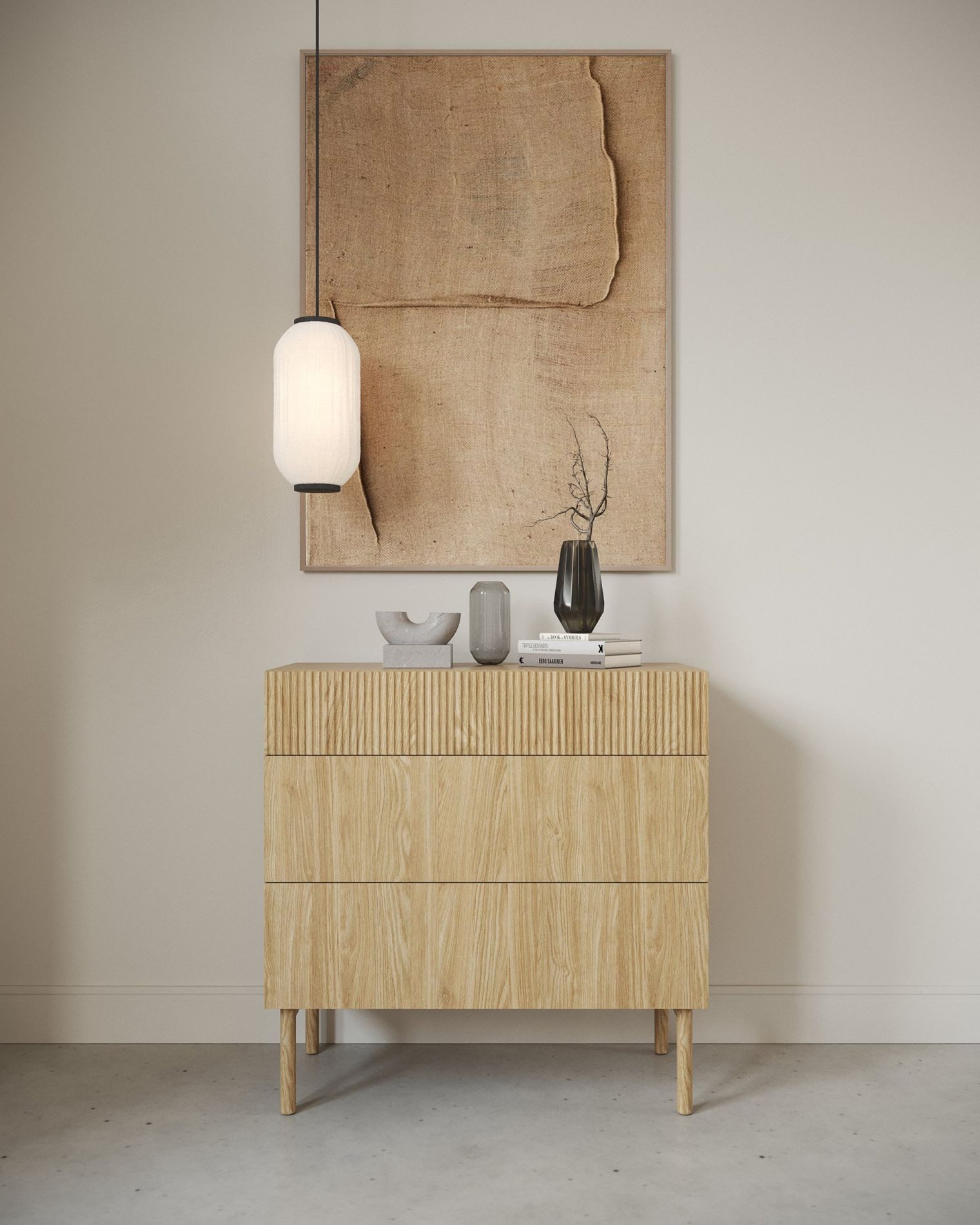 Selsey Kommode NOLIE, Kommode mit 3 Schubladen, geriffelter Front und Holzbeinen, 90 cm