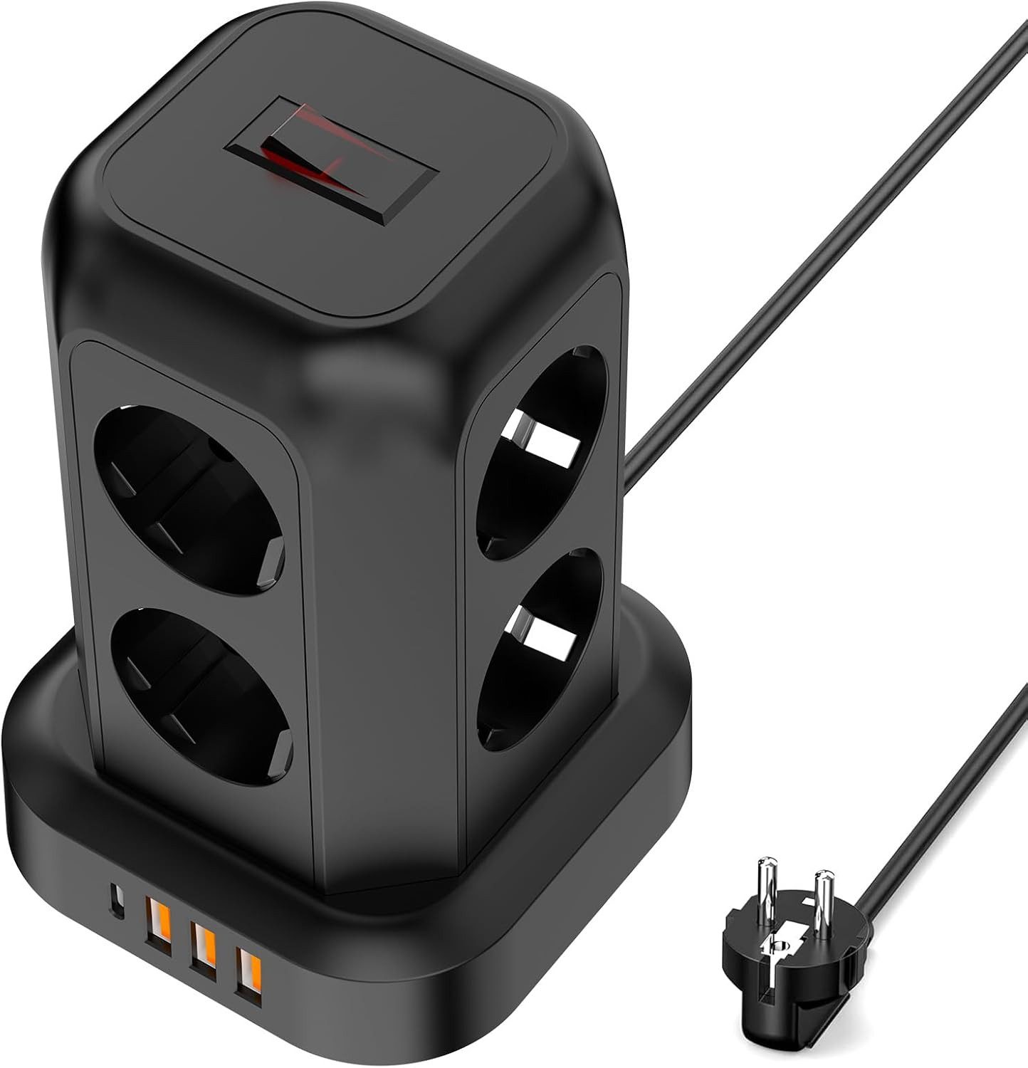ibettertec 12 in 1 Mehrfachsteckdosen Steckdosenturm mit Schalter Kabel 1.8m Steckdosenleiste 8-fach (1 USB-C Mehrfachsteckdose, 3 USB-A, platzsparend, Überspannungsschutz), 8 Fach Mehrfachsteckdose,4 USB Steckdosenleiste,ABS-Material