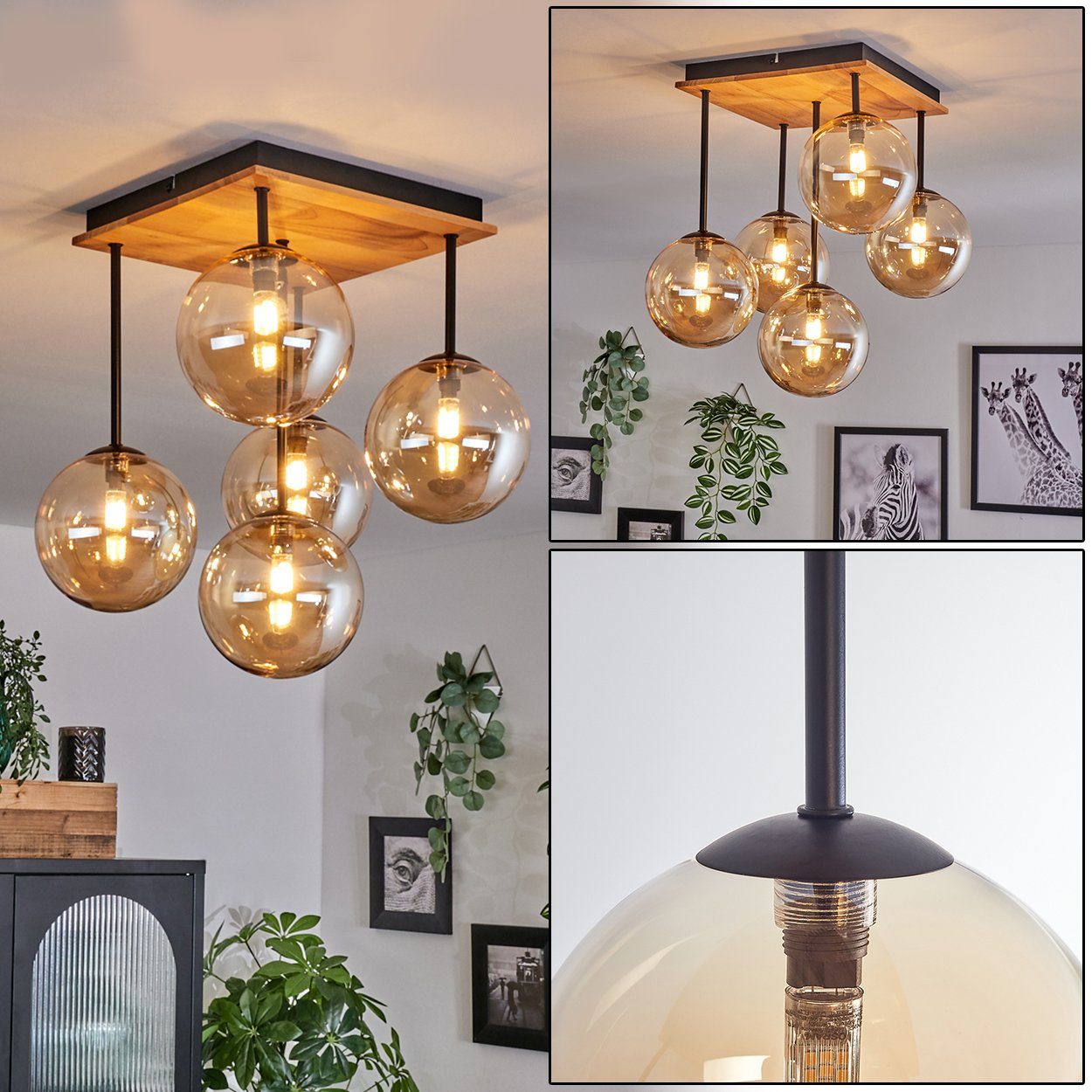 hofstein Deckenleuchte Deckenlampe aus Metall/Holz/Glas in Schwarz/Natur/Bernsteinfarben, ohne Leuchtmittel, Leuchte mit Schirmen aus Glas (15 cm), 5 x G9, ohne Leuchtmittel