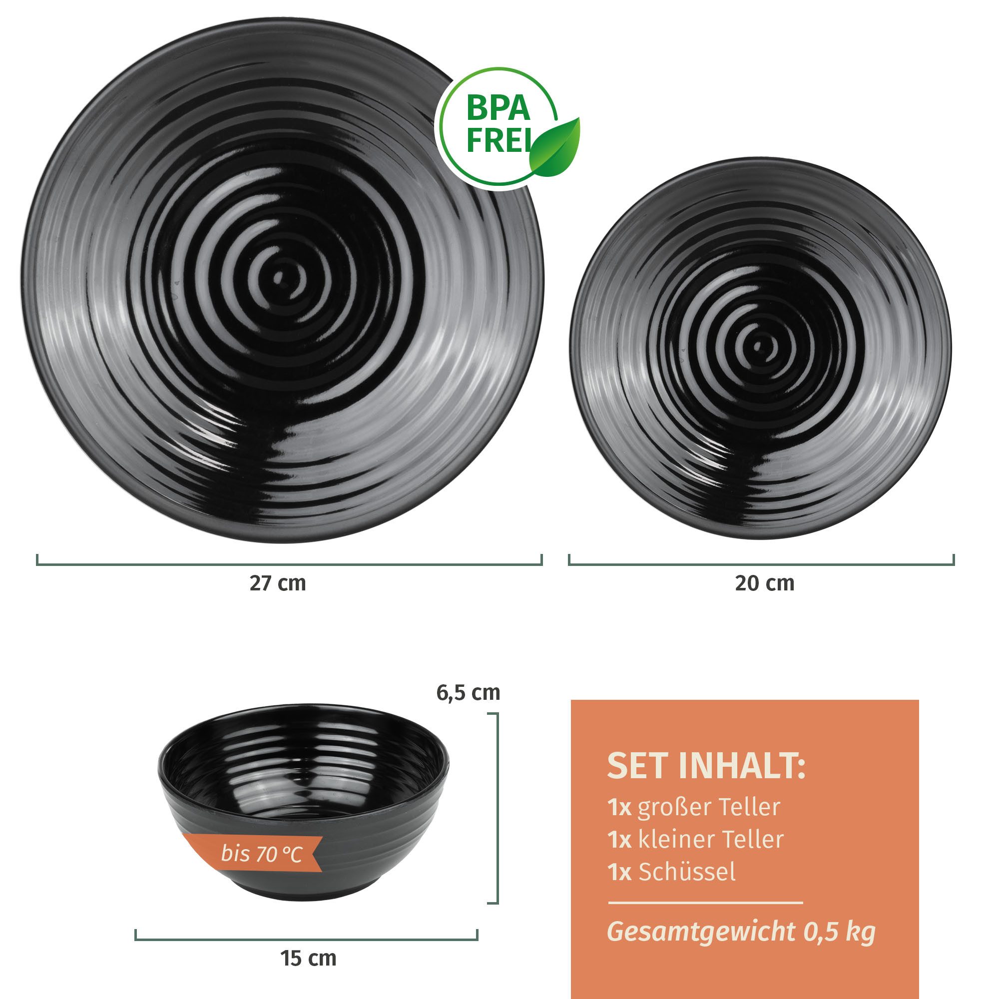 Moritz Geschirr-Set Camping Geschirr Stone Black 3-teilig