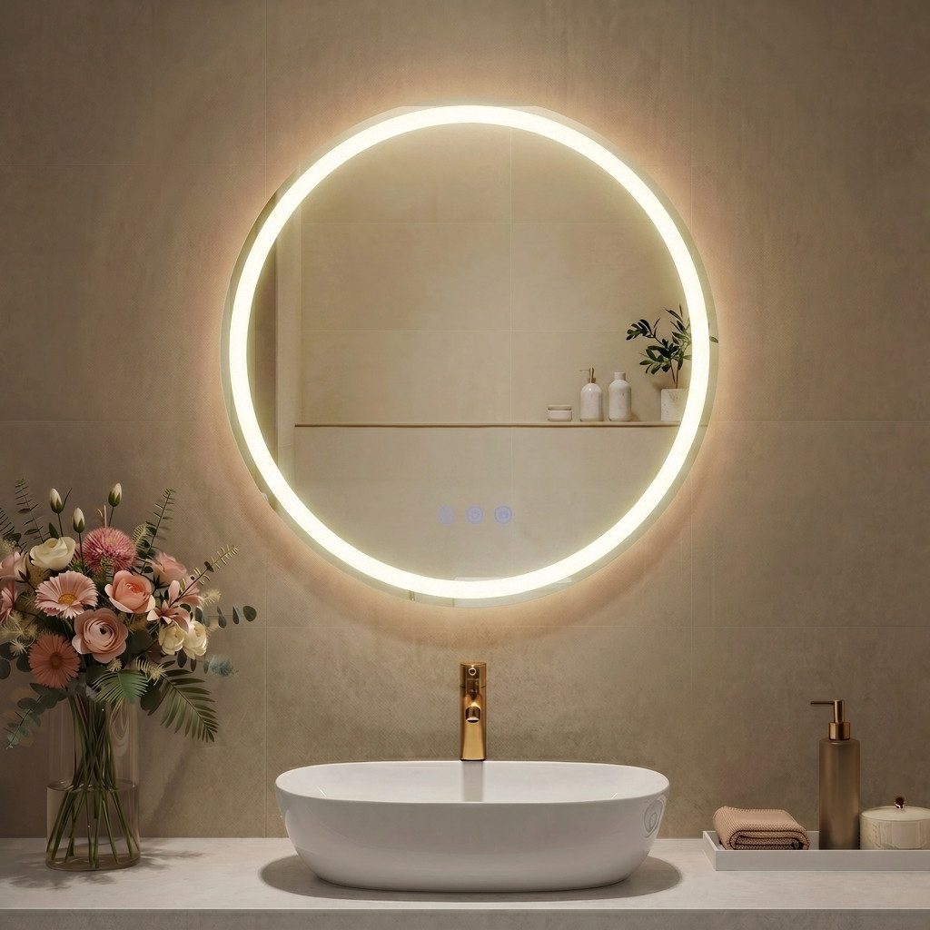 SONGMICS Runder/Rechteckig Badspiegel, Anti-Beschlag, LED-Licht, dimmbar, 3Modi, Wählbar im Durchmesser 51 cm oder 61 cm