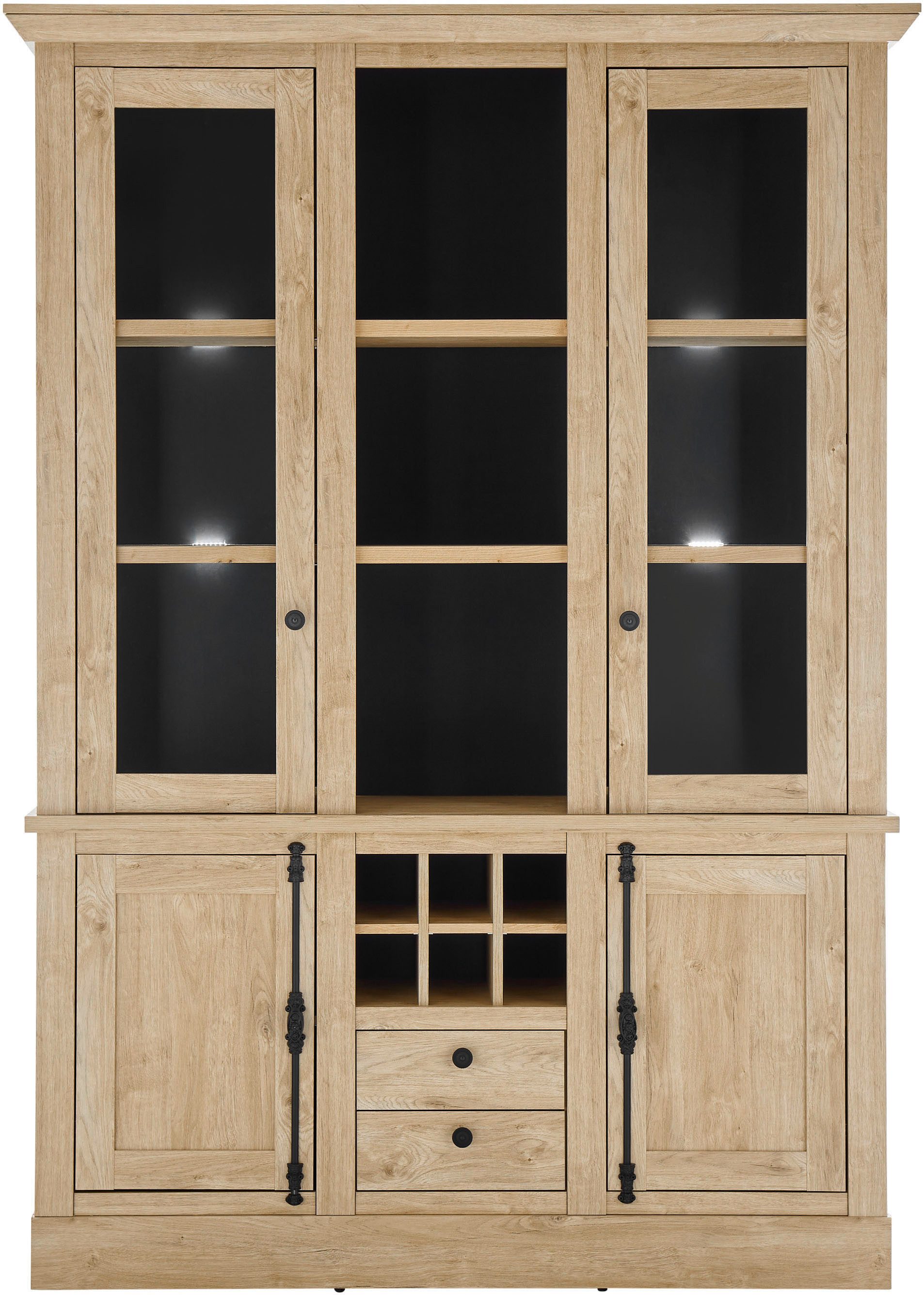 Home affaire Vitrine Cornwall, Hochschrank im Landhausstil, Glasvitrine, Eiche Dekor (1-St) Metallgriffe, 147 cm breit, viel Stauraum, in zwei Größen verfügbar