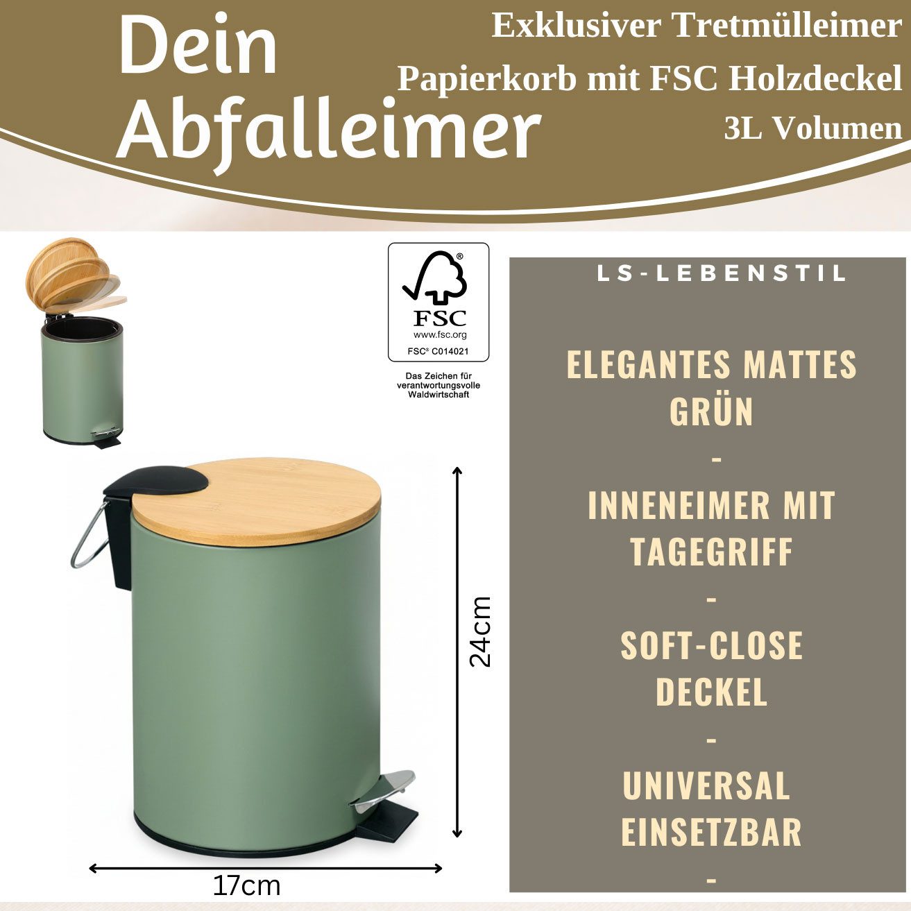 LS-LebenStil Kosmetikeimer Tretmülleimer Papierkorb 3L Soft Close Rund Fußpedal Mülleimer, Kosmetik-Mülleimer Treteimer Bad Badezimmer Küche Mülleimer